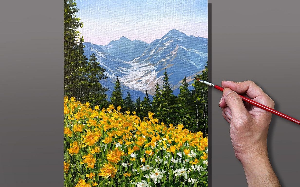 painting downhill flower field landscape