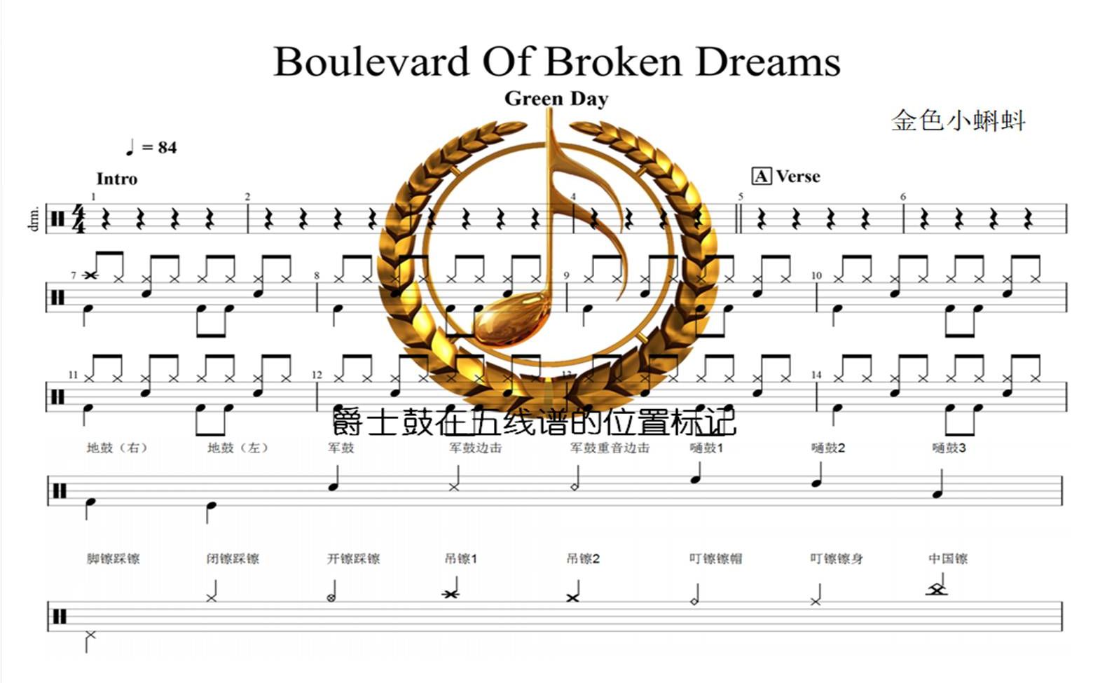 [图]Boulevard Of Broken Dreams【Green Day】爵士鼓、架子鼓、专业鼓谱教学、制作鼓谱、动态鼓谱