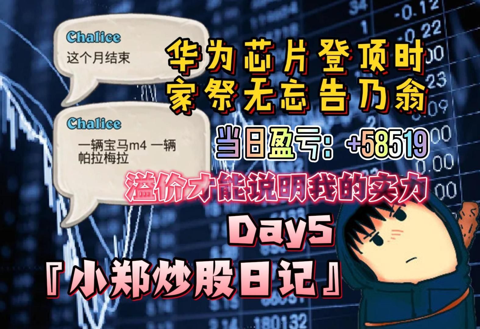 郑翔Zard『小郑炒股日记』Day5:当日盈亏+58519!华为芯片登顶时 家祭无忘告乃翁𐟘Š这个月结束 一辆宝马m4 一辆帕拉梅拉 溢价才能说明我的实力�..