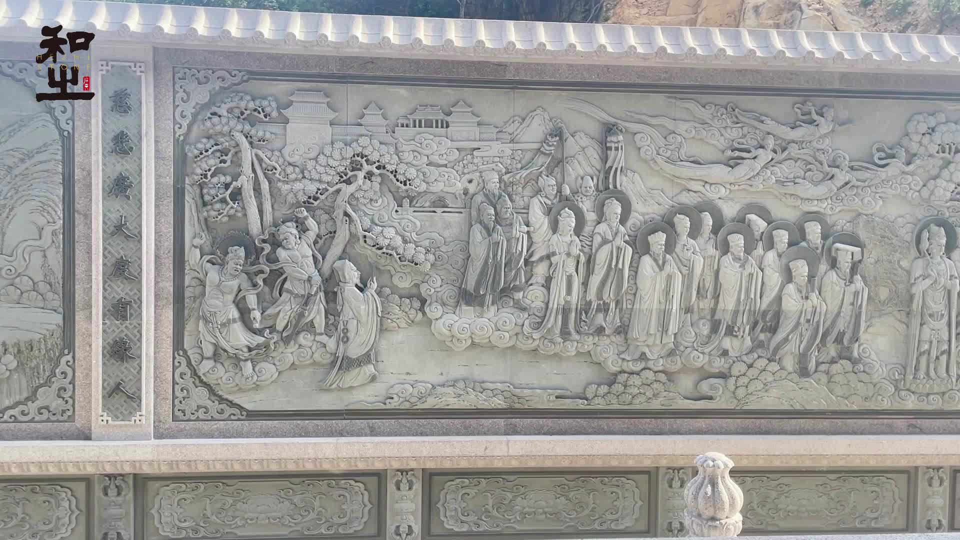 寺庙整面石雕照壁墙,经典人物佛像故事
