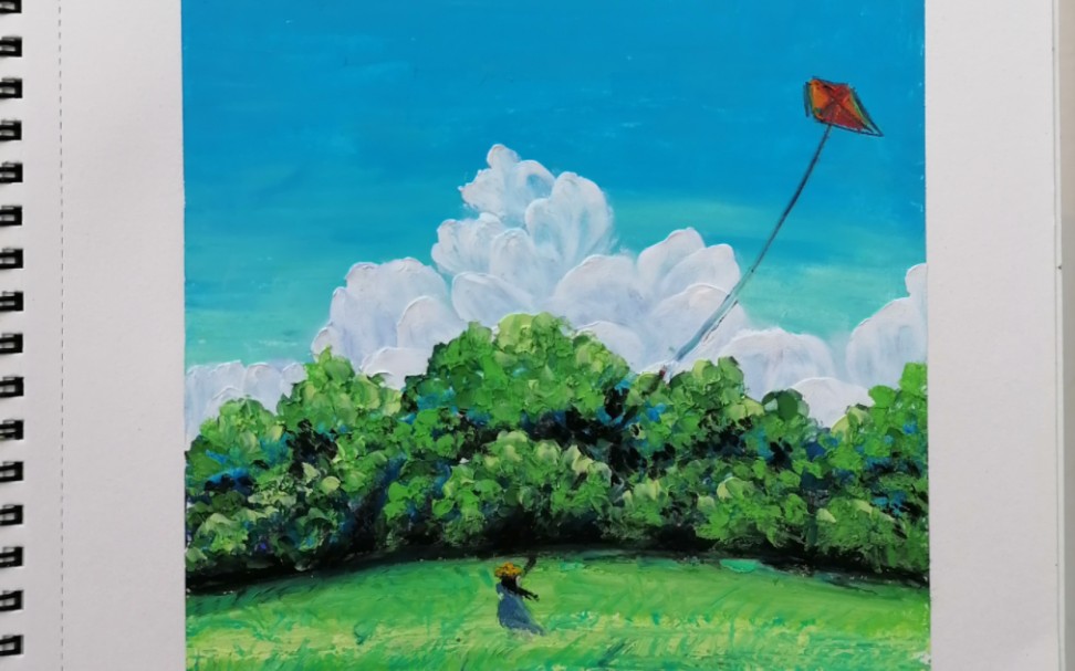 油画棒教程|放风筝的女孩