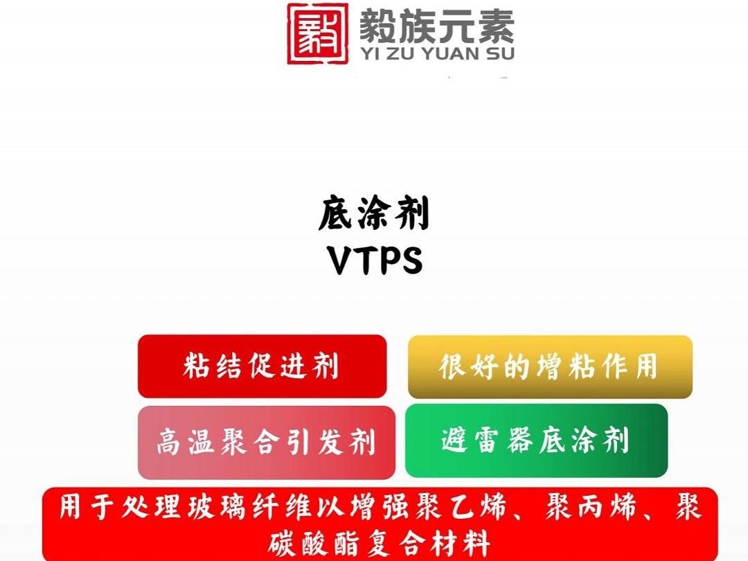 坚毅化工底涂剂VTPS:作为高密度聚乙烯交联剂和苯乙烯、甲基丙烯酸甲酯等聚合物的引发剂;用于处理玻璃纤维以增强聚乙烯、聚丙烯、聚碳酸酯复合材...