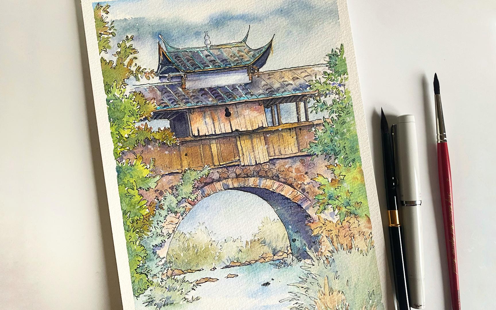 钢笔淡彩福建宁德龙潭村起稿到钢笔勾线过程