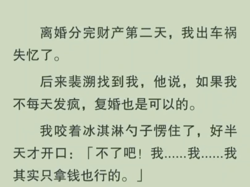 ﻿离婚分完财产第二天,我出车祸失忆了.后来裴溯找到我,他说,如果我不每天发疯,复婚也是可以的.我咬着冰淇淋勺子愣住了哔哩哔哩bilibili