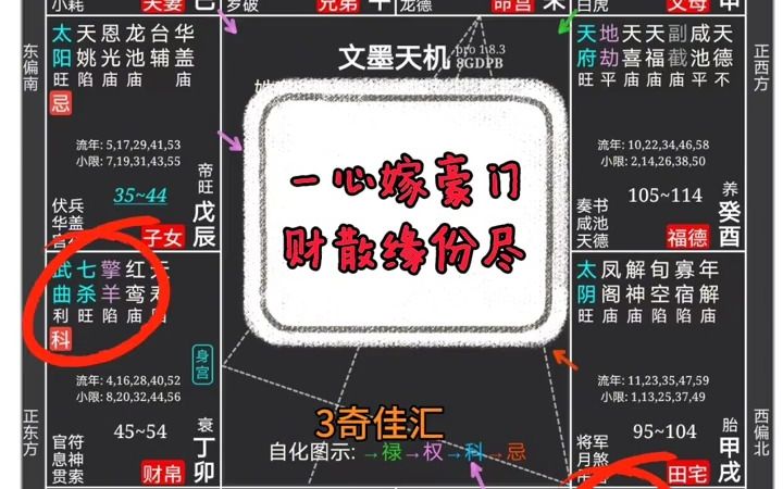 紫薇破军化权坐命,与左辅右弼同宫,三奇加会格,一心只想加入豪门女命