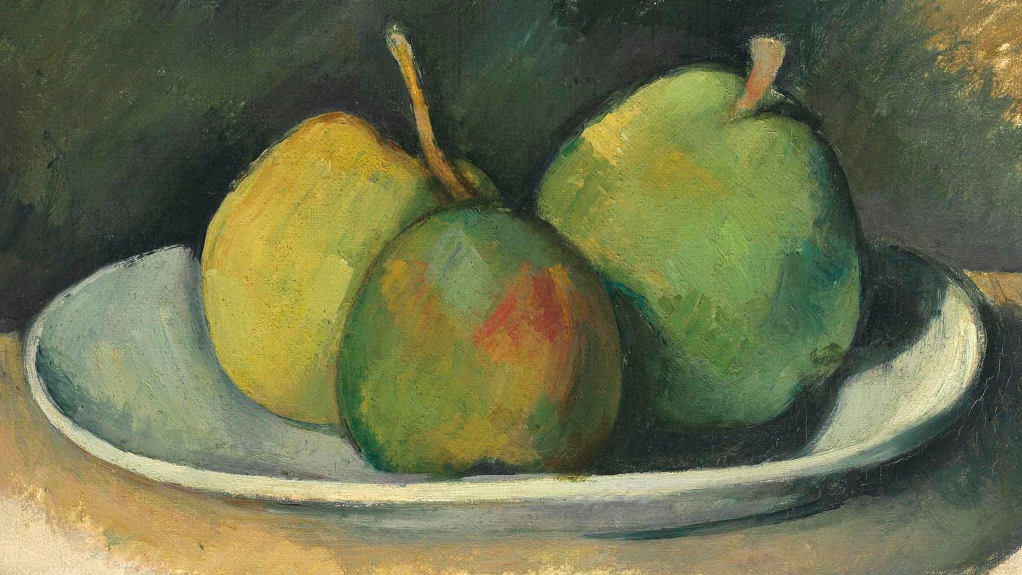 白色盘子上的梨,塞尚油画的绘画过程,临摹印象派风格绘画,保罗·塞尚