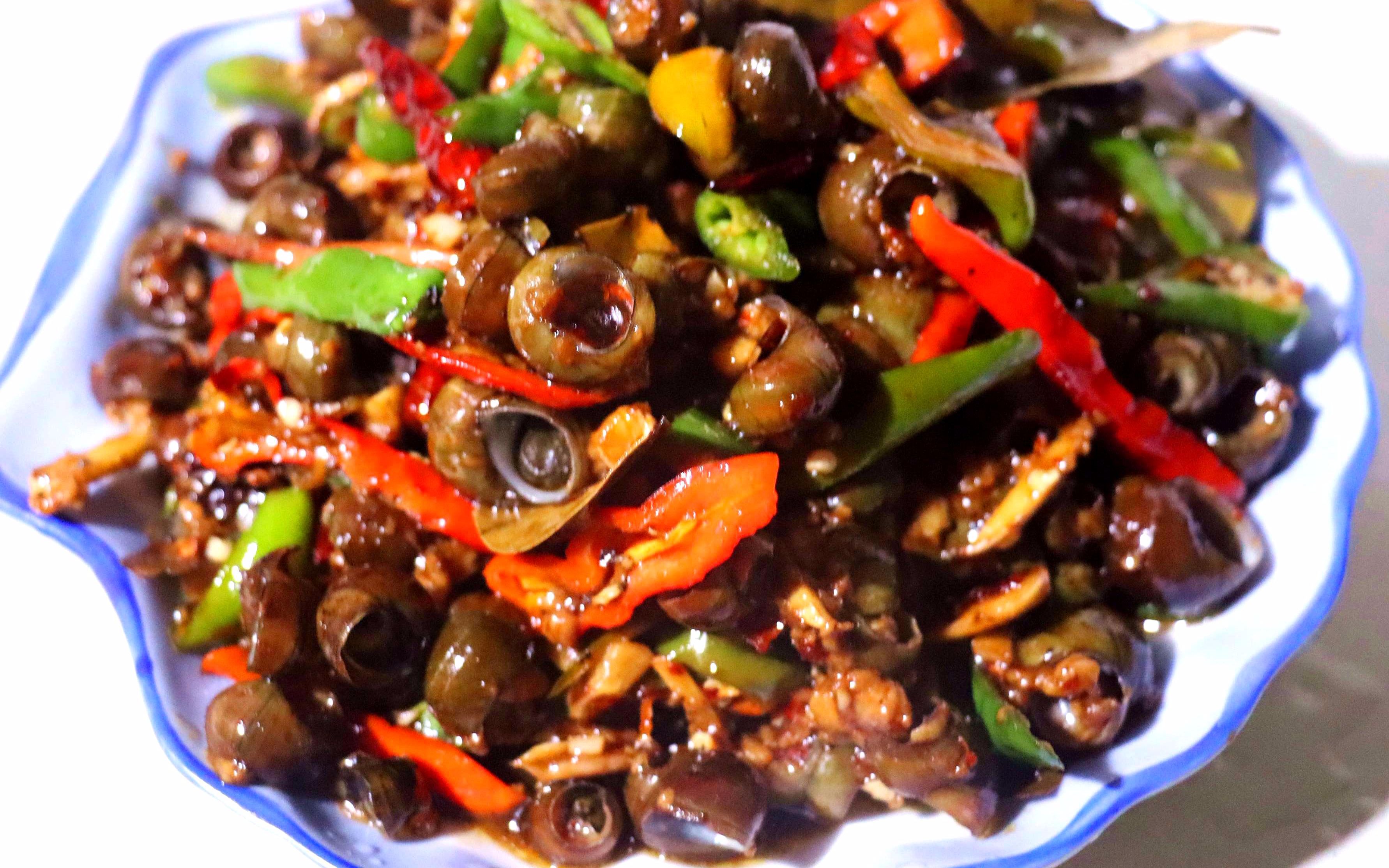 小溪里捡了点田螺,回家放铁锅里炒,香辣可口,好吃到直嘬手指头_哔哩