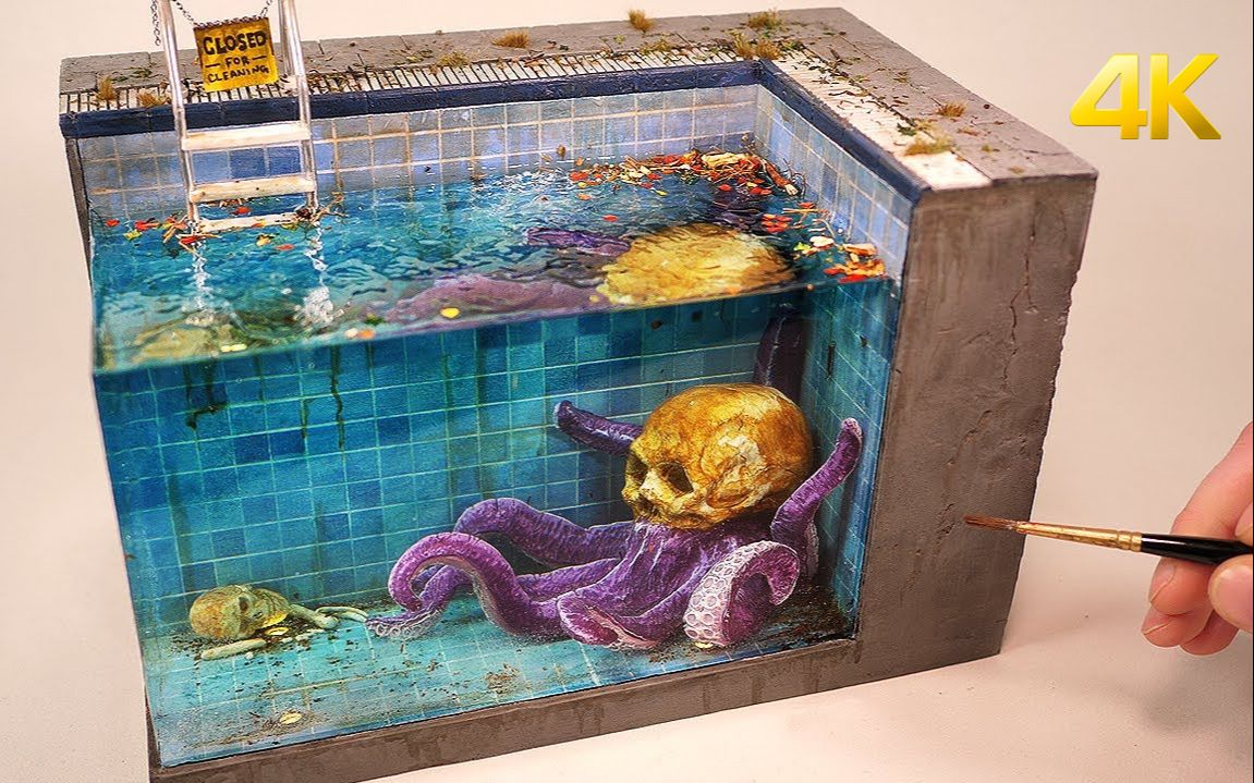 【4k】大佬制作「泳池里的丧尸章鱼」粘土树脂场景 | 作者:north of