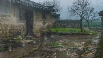 Download Video: 农村老家院子大雨天的氛围丨听着雨滴从屋檐留下，敲打着瓦片声，快速入睡，放松，学习