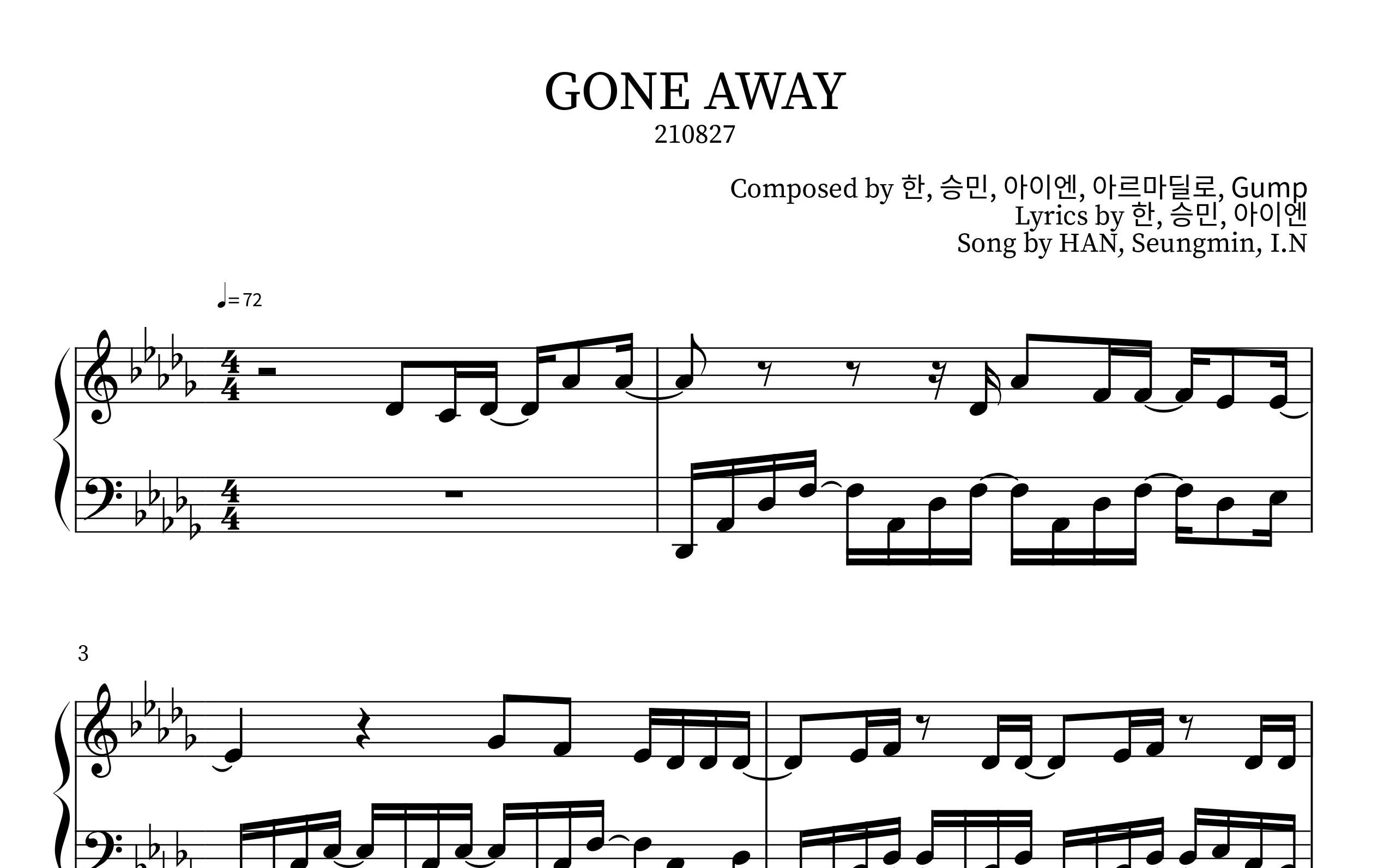 [图]Stray Kids - Gone Away (HAN, Seungmin(昇玟), I.N) Piano Sheet(鋼琴譜)