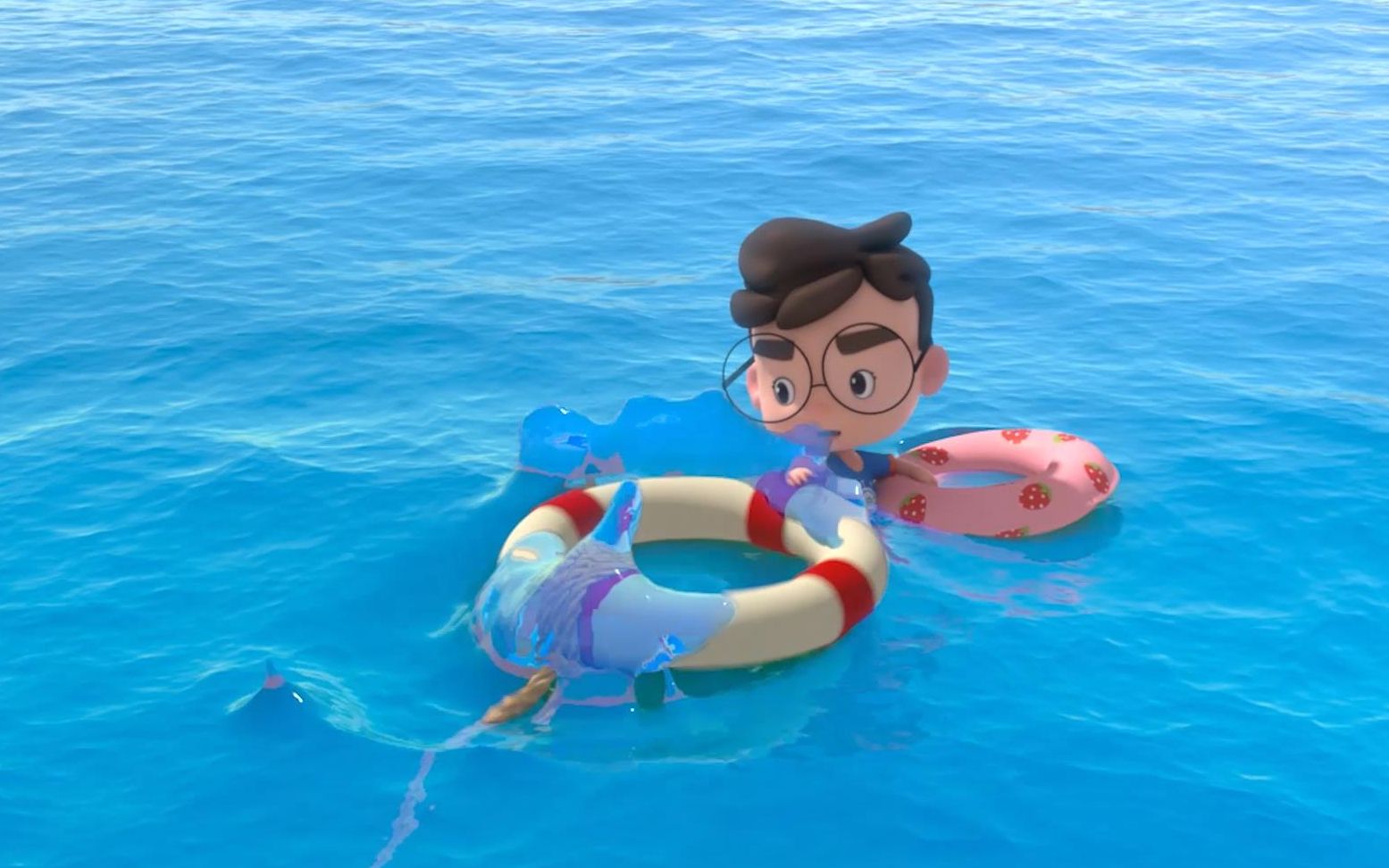 小男孩掉进海里,布鲁可小队赶来救援