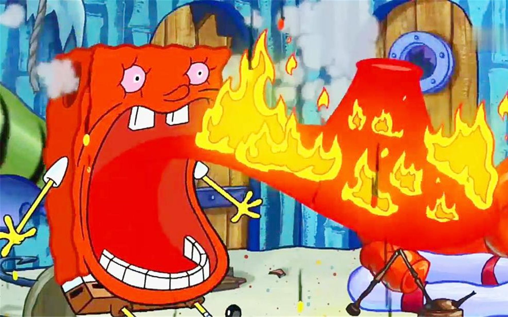 海绵宝宝吃了太多辣酱,舌头变成火山喷出岩浆了_哔哩哔哩_bilibili