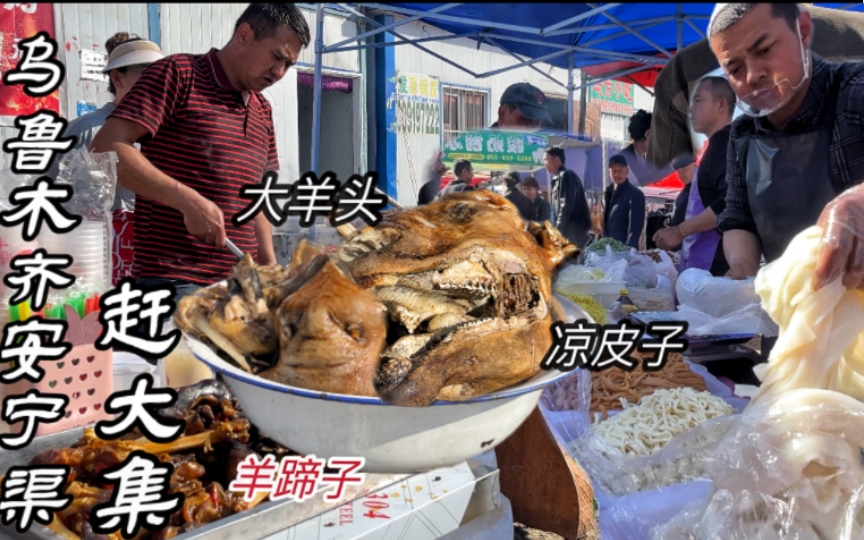 新疆赶大集安宁渠集市人流如织,牛肉45一公斤,各种美食满目琳琅,大羊头50元一个,凉皮子散称哔哩哔哩bilibili