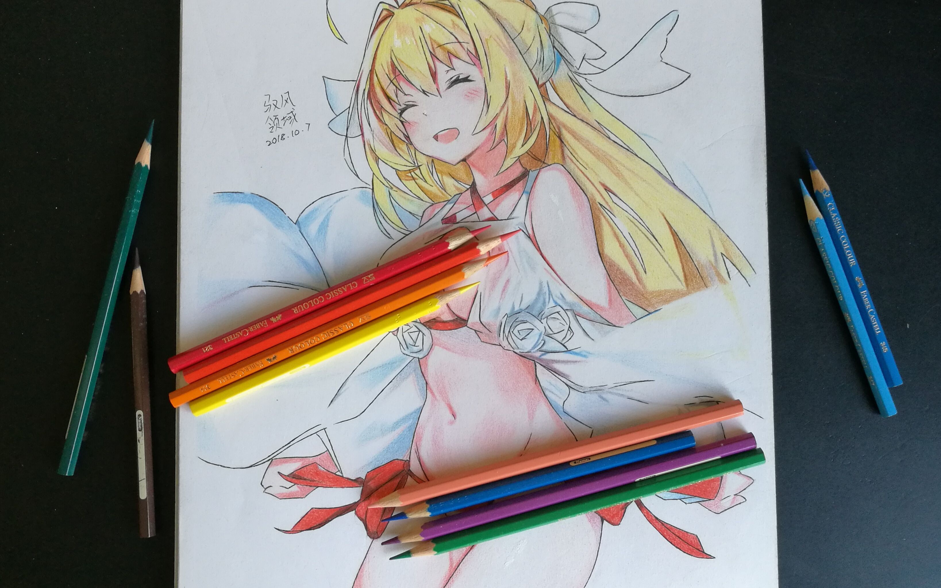 彩铅手绘唔姆只用一盒红辉也能画泳装尼禄