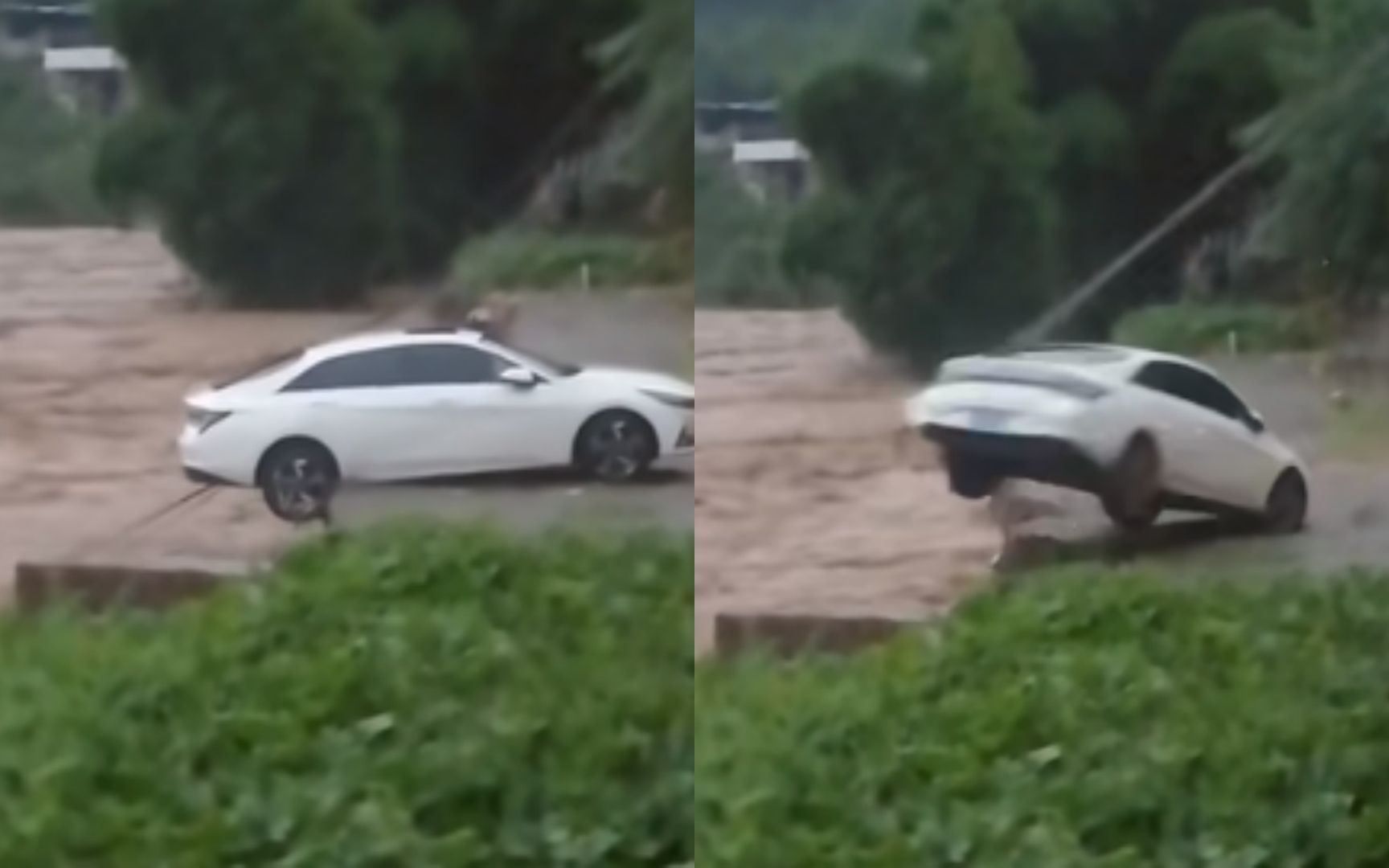 泸州暴雨洪水暴涨,小车即将落入水中,竟然奇迹被电线搭救哔哩哔哩bilibili