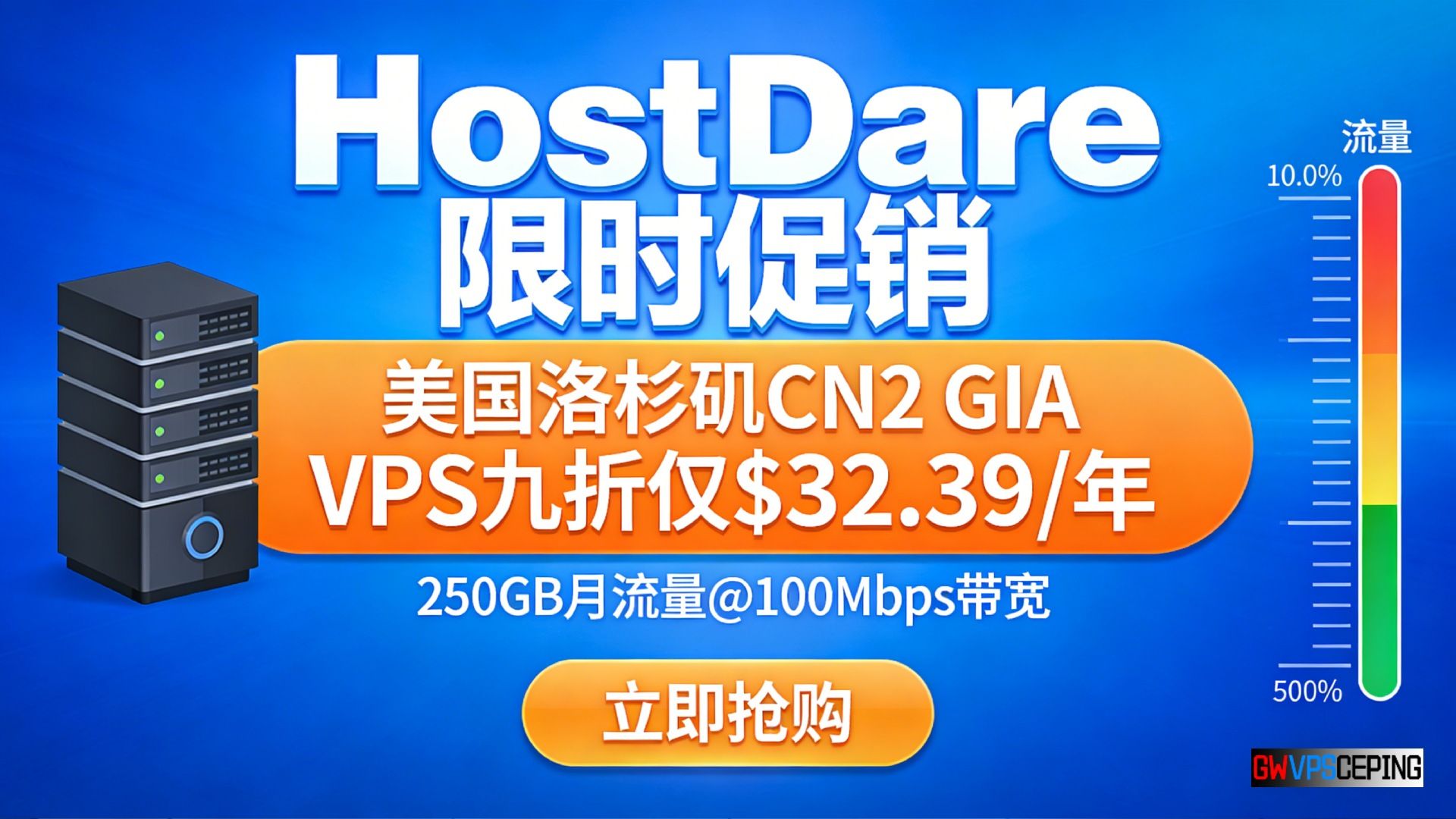 HostDare限时促销:美国洛杉矶CN2 GIA VPS九折仅$32.39/年,250GB月流量@100Mbps带宽