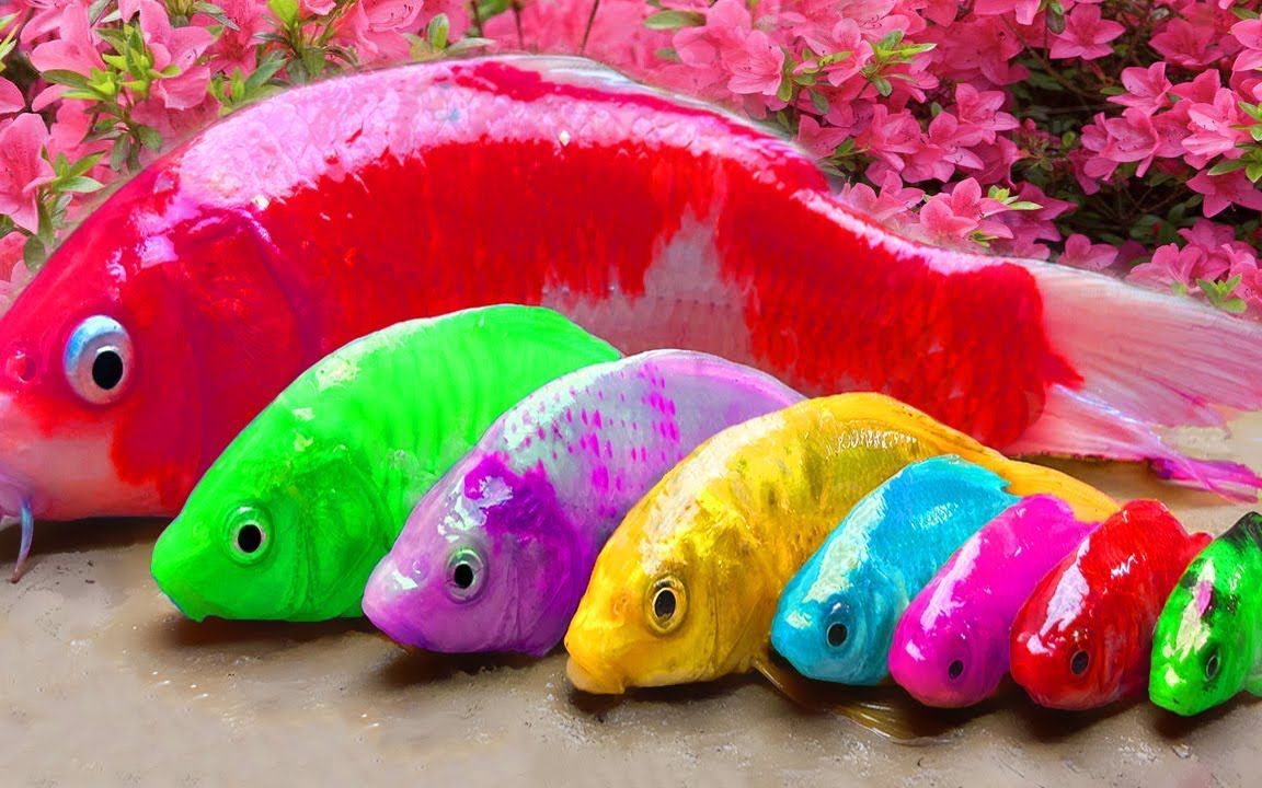 定格动画彩色鱼彩虹鳗鱼合成骨架形成锦鲤鱼水塘