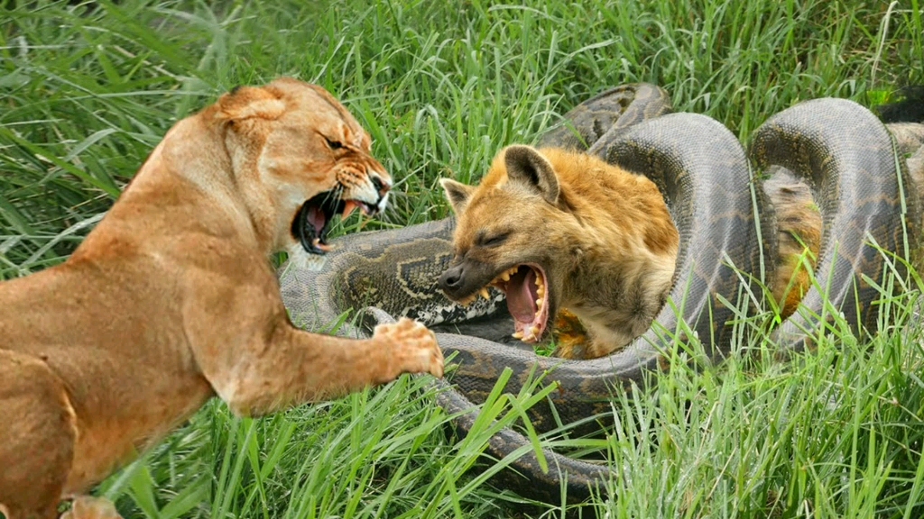 鬣狗抢夺蟒蛇食物,被蟒蛇活吞,狮子为它报仇