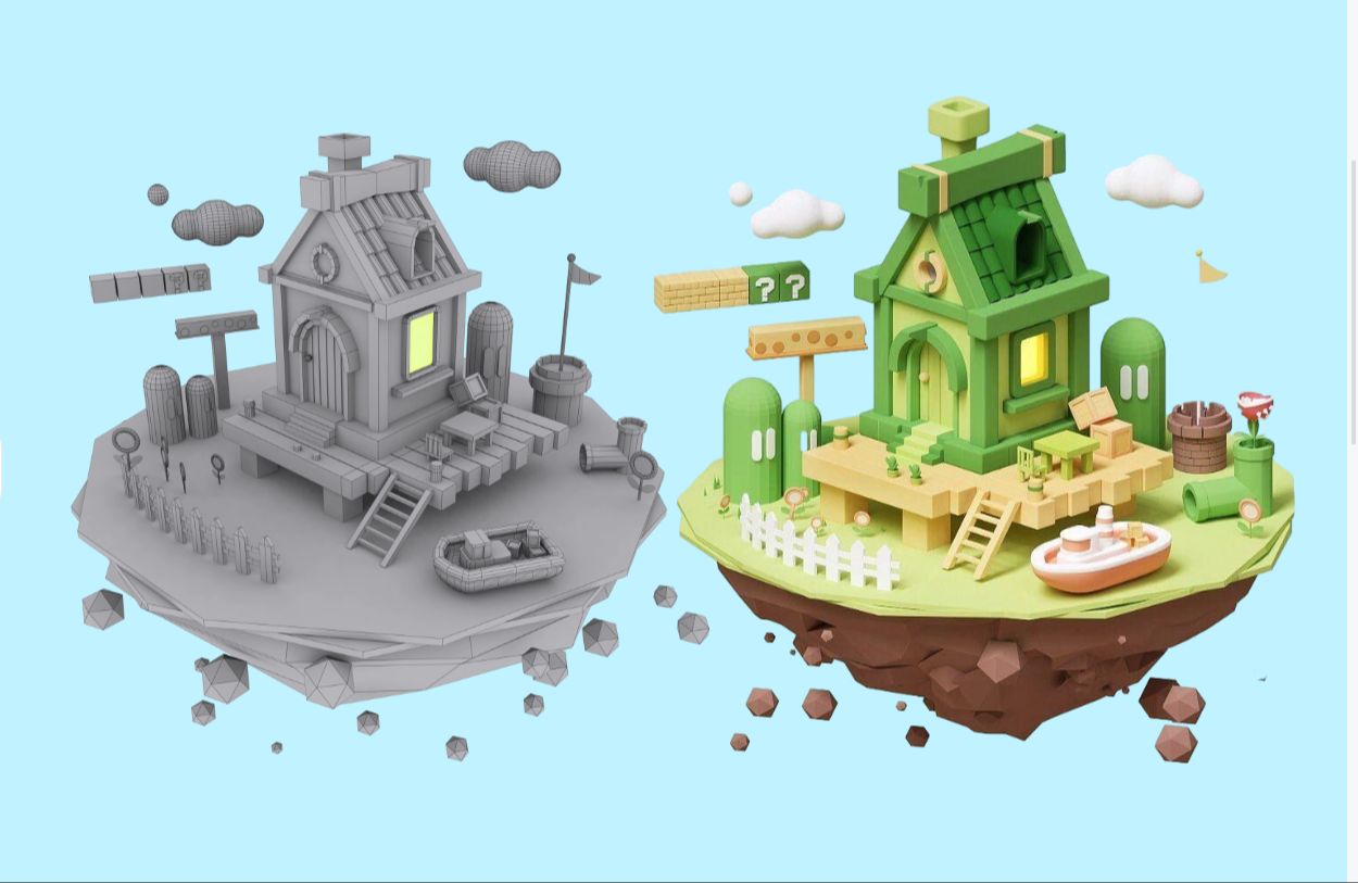 【3d】空中小岛建模教学,简单的场景建模加渲染.