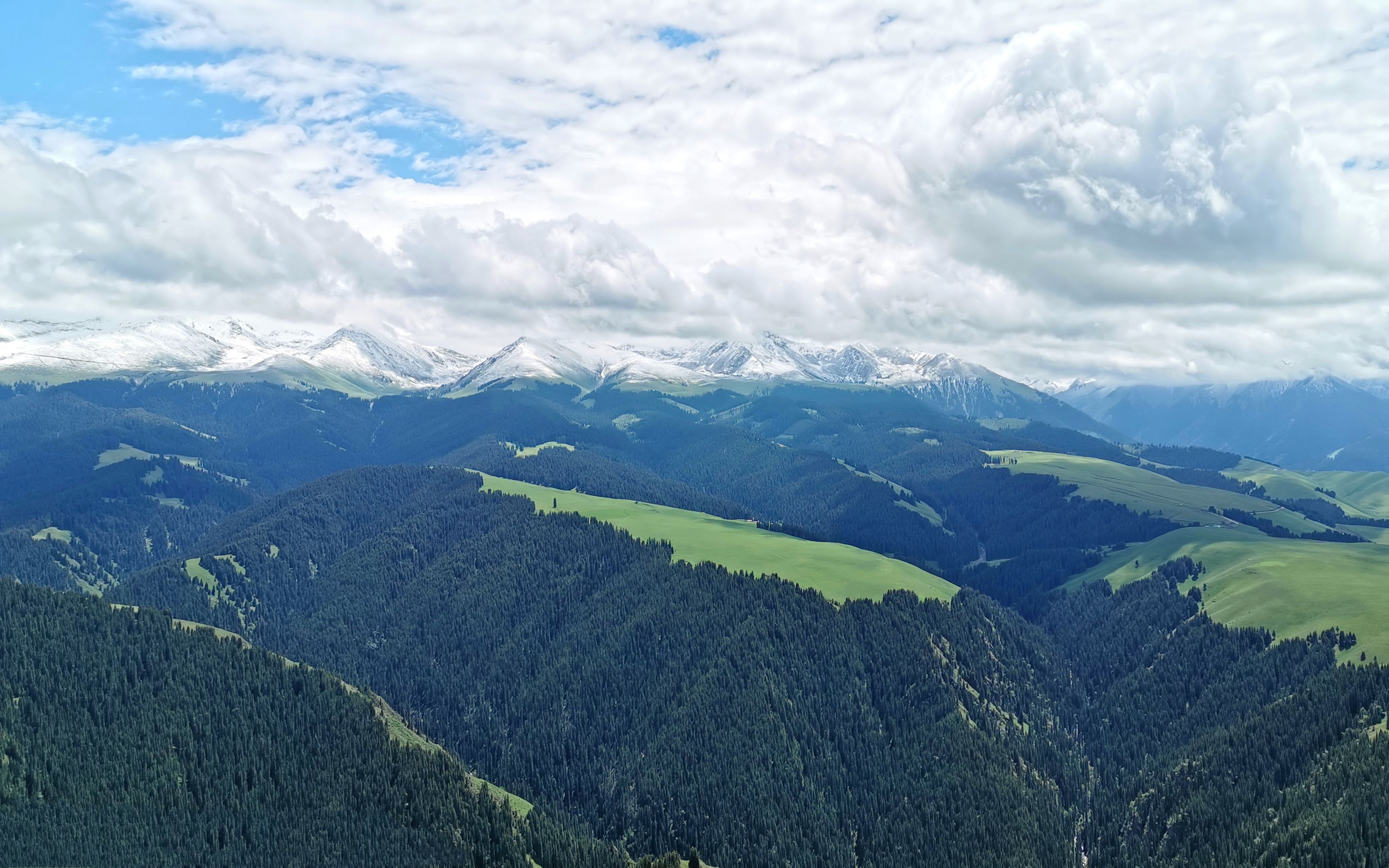 新疆喀拉峻大草原猎鹰台,蓝天白云雪山草原森林峡谷交相辉映,美景如诗