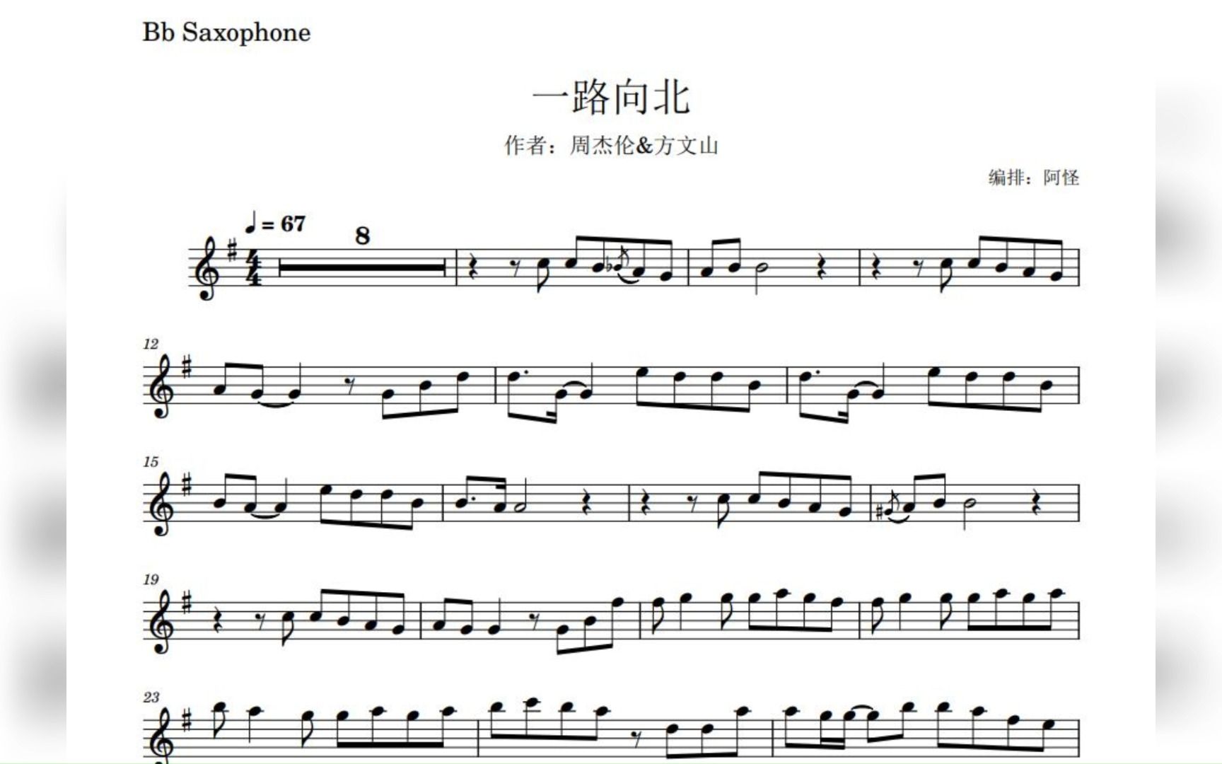 【萨克斯谱】一路向北 完整版 第6首