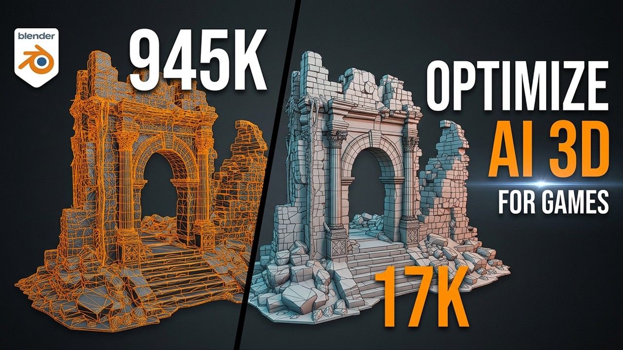 【Blender】AI生成3D模型游戏优化：三角面数从945K到17K（中文字幕）