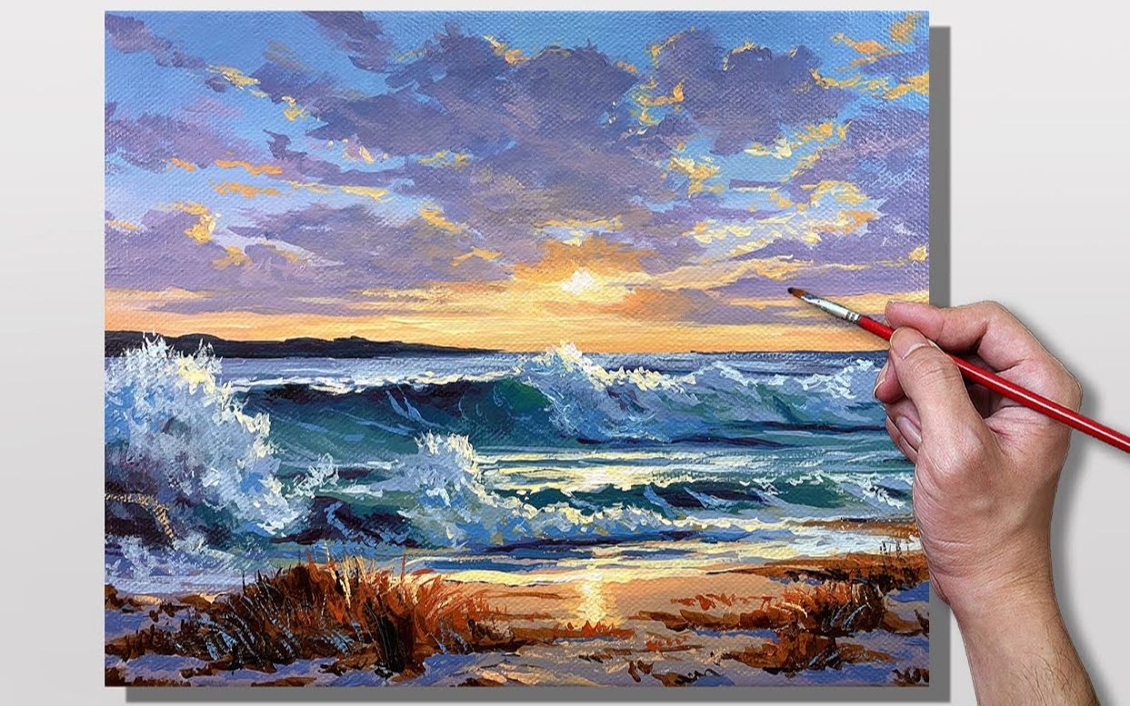 [图]【丙烯画】【绘画教程】【中字】海岸-Acrylic Painting Seashore Sunset