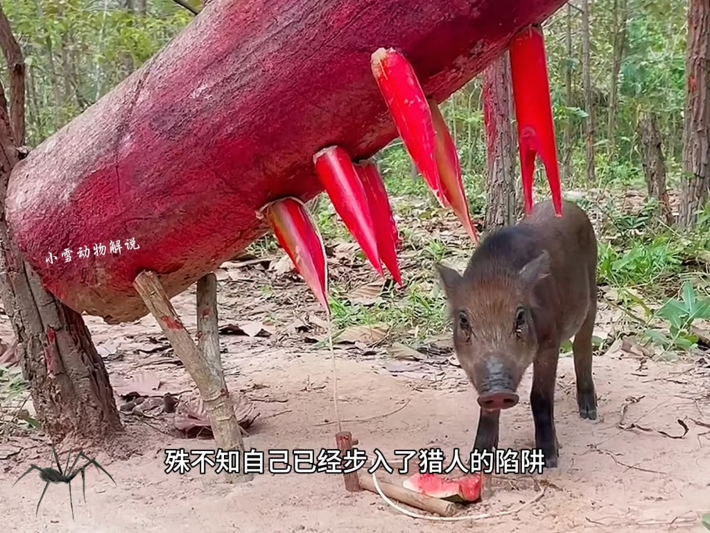 男子制作抓野猪陷阱,试图将野猪一击毙命