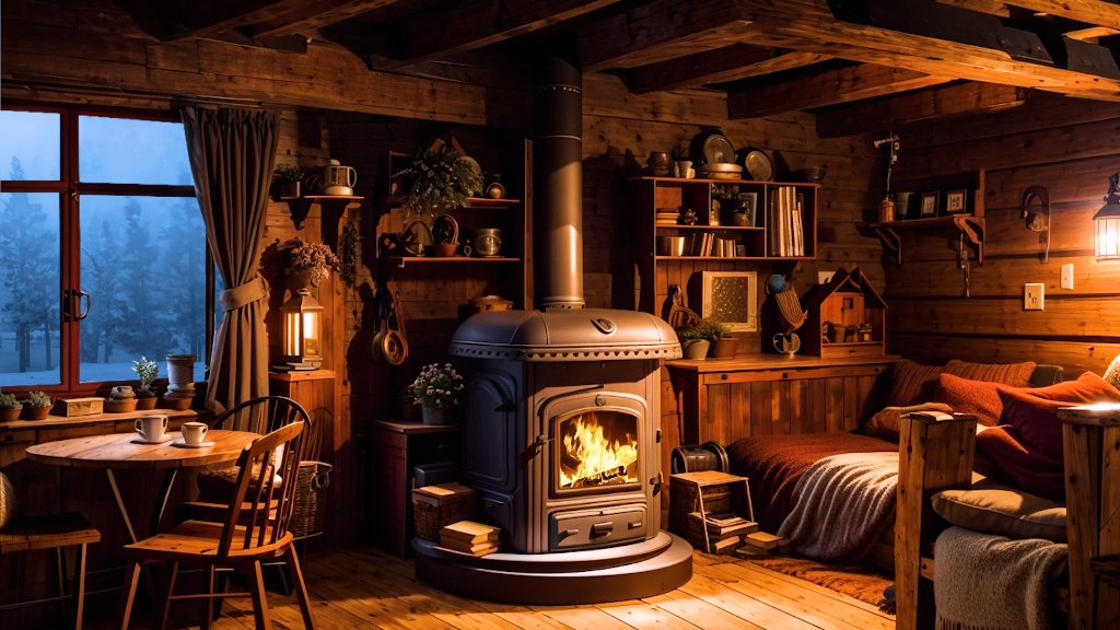 舒适的狩猎木屋氛围配有壁炉噼啪作响的柴火燃烧声入睡暴风雪的声音