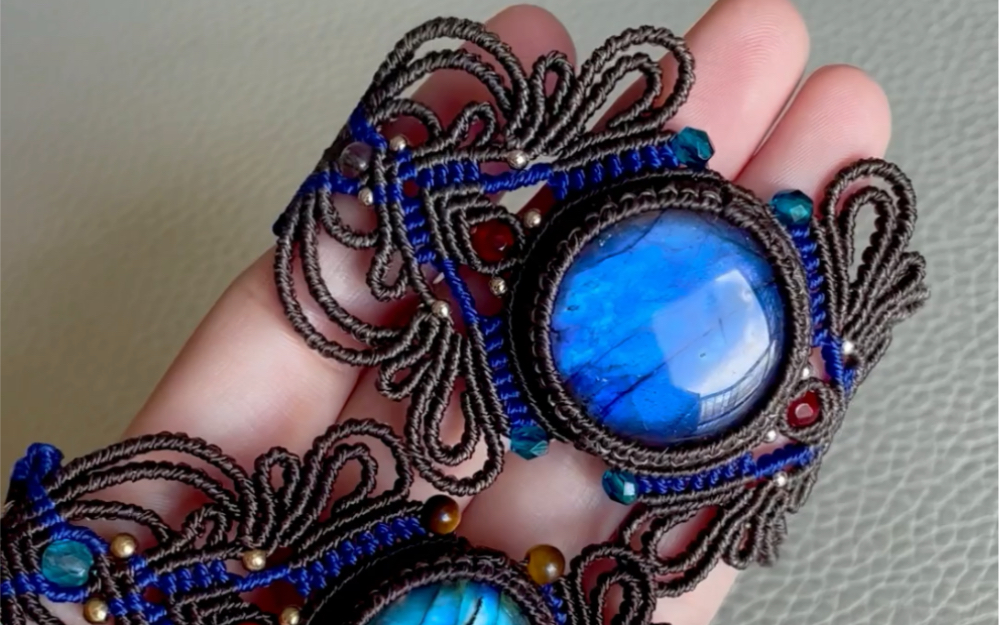 重工宽版拉长石编绳手链 macrame南美蜡线手工编制