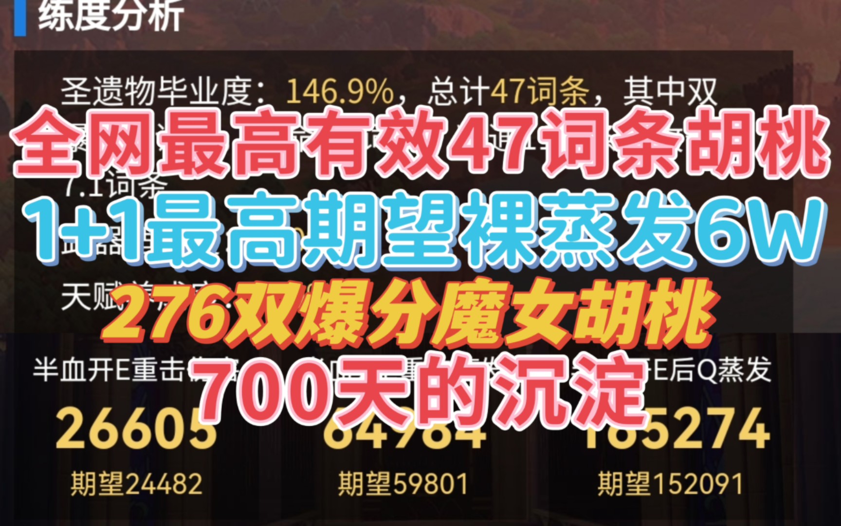 700天的沉淀!全网最高47有效词条胡桃,1+1裸蒸发期望天花板,276双爆分魔女胡桃!全身完美词条,你梦中的胡桃面板!原神