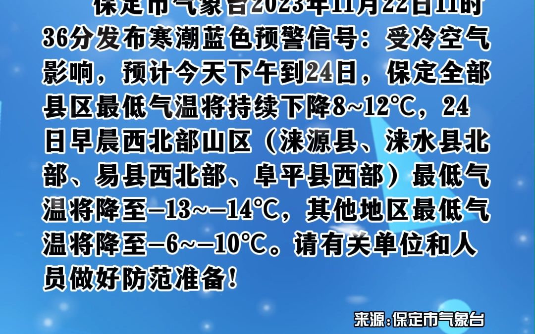 保定市气象台11月22日11时36分发布寒潮蓝色预警信号