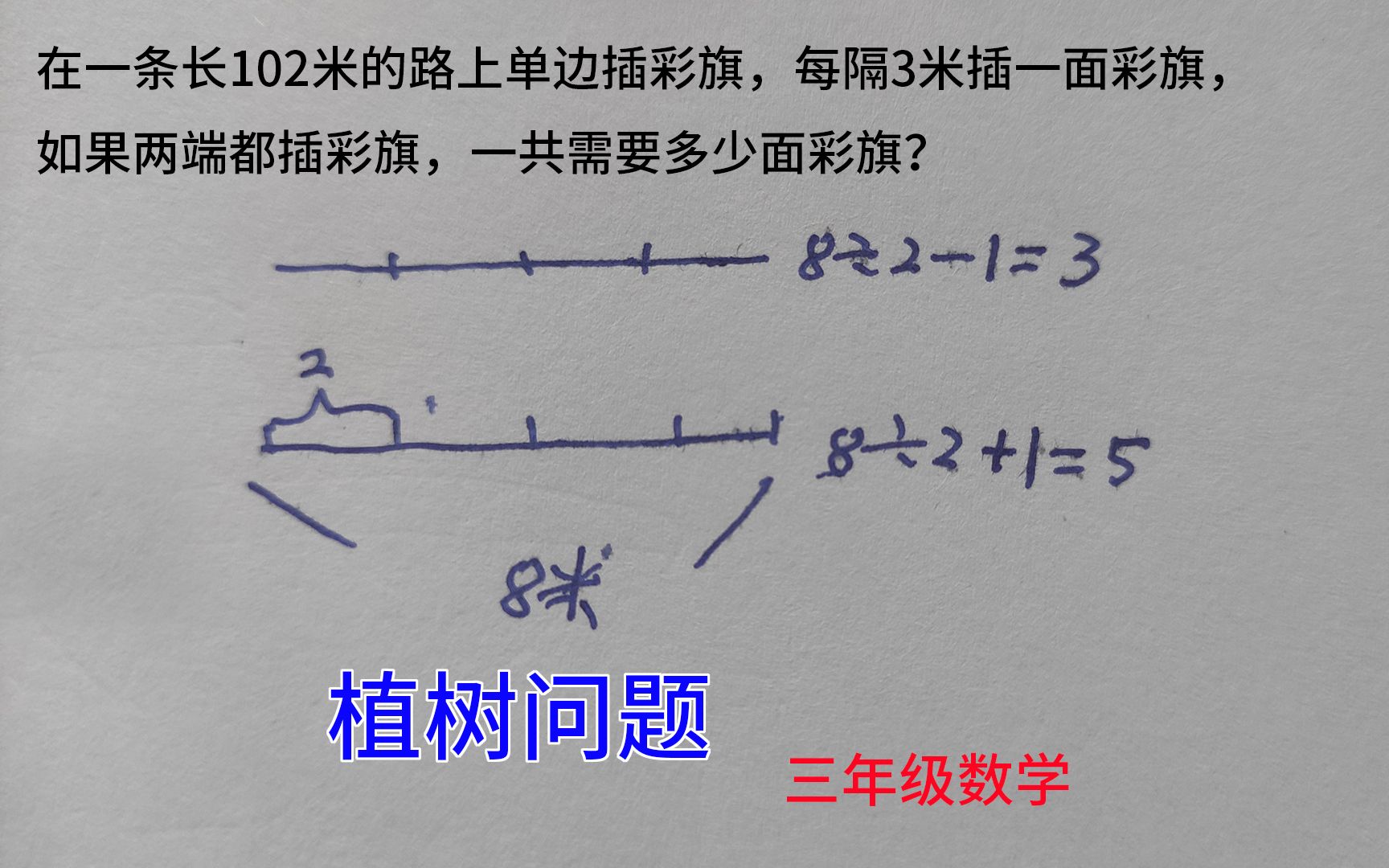 [图]三年级数学，植树问题，每隔3米插一面，需要多少彩旗？