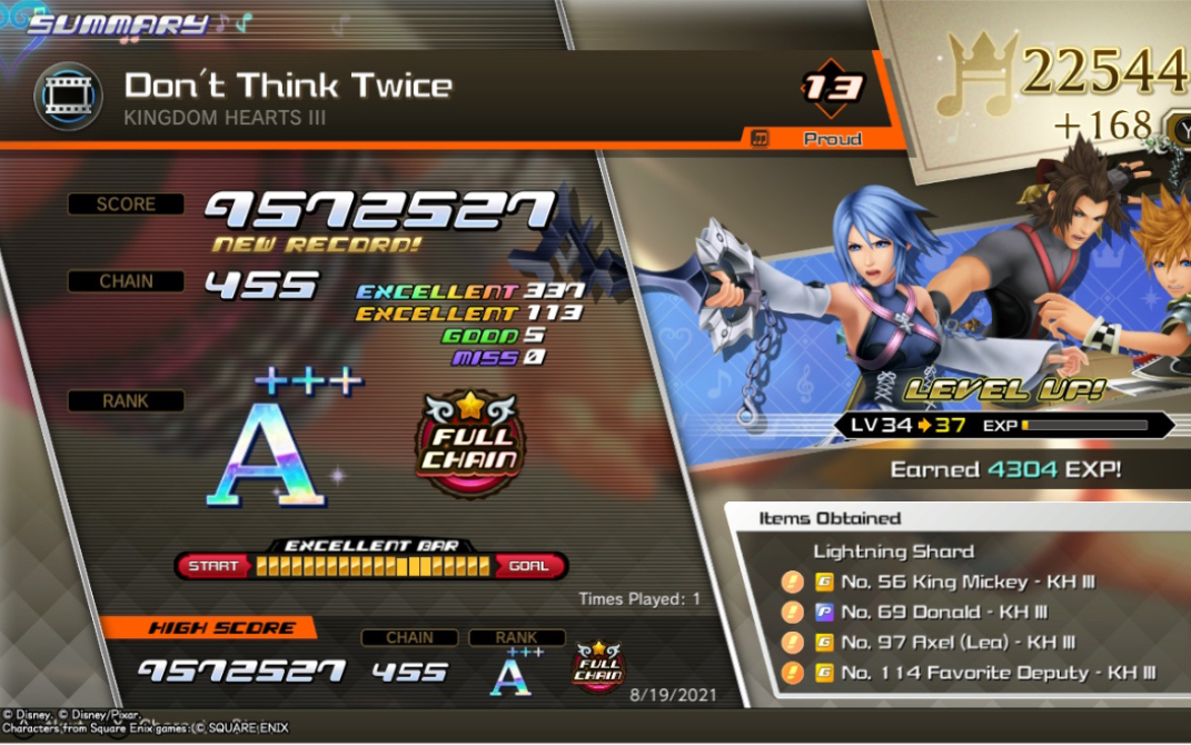 [图]【王国之心记忆旋律】KH3主题曲Don't Think Twice自豪难度full chain手元，9869231pts