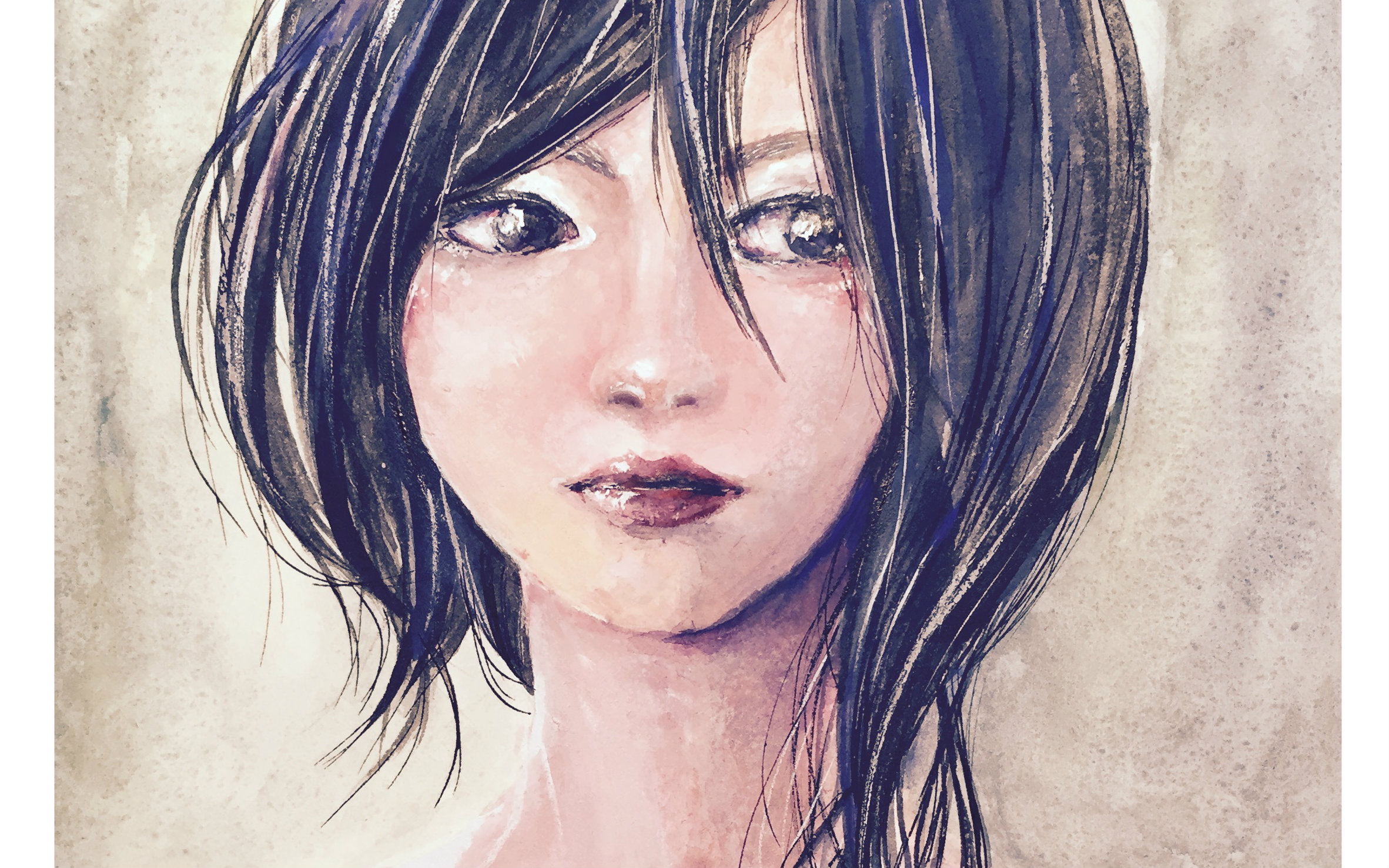 罗小油穿羽毛礼服的女孩荷尔拜因不透明水彩初试