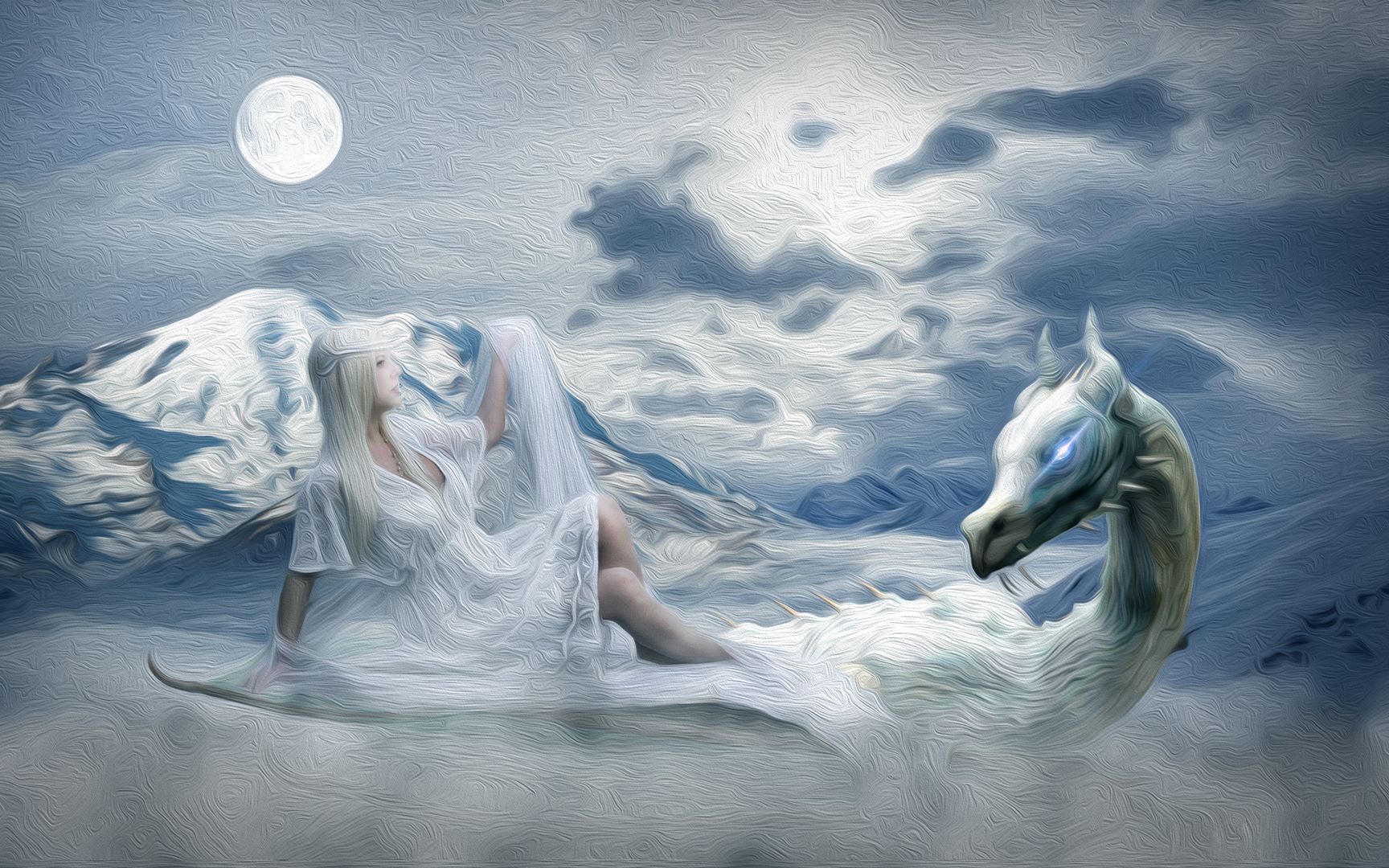 ps油画风格公主与白龙创意合成