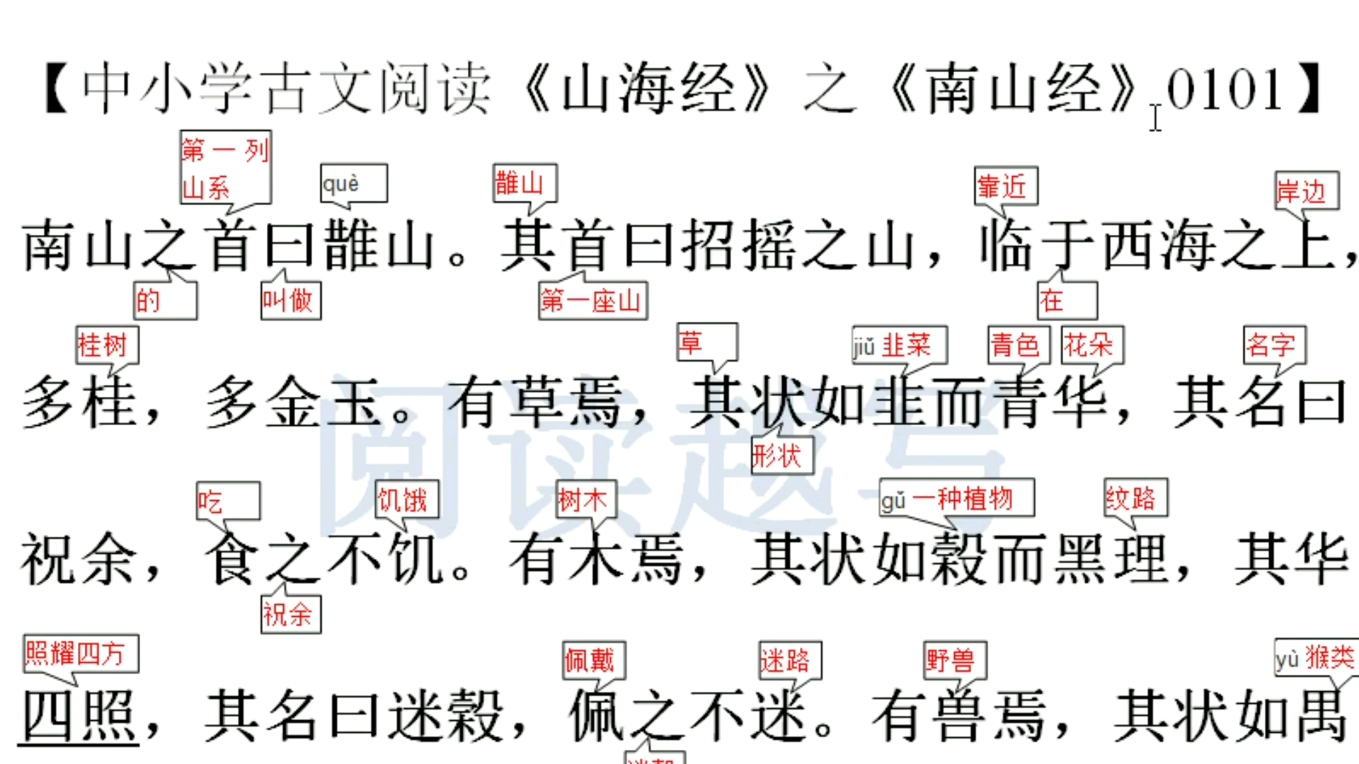 中小学文言文古文阅读,上古奇书《山海经》第一卷《南山经》1:招摇山上有一种吃了不饥饿的草哔哩哔哩bilibili