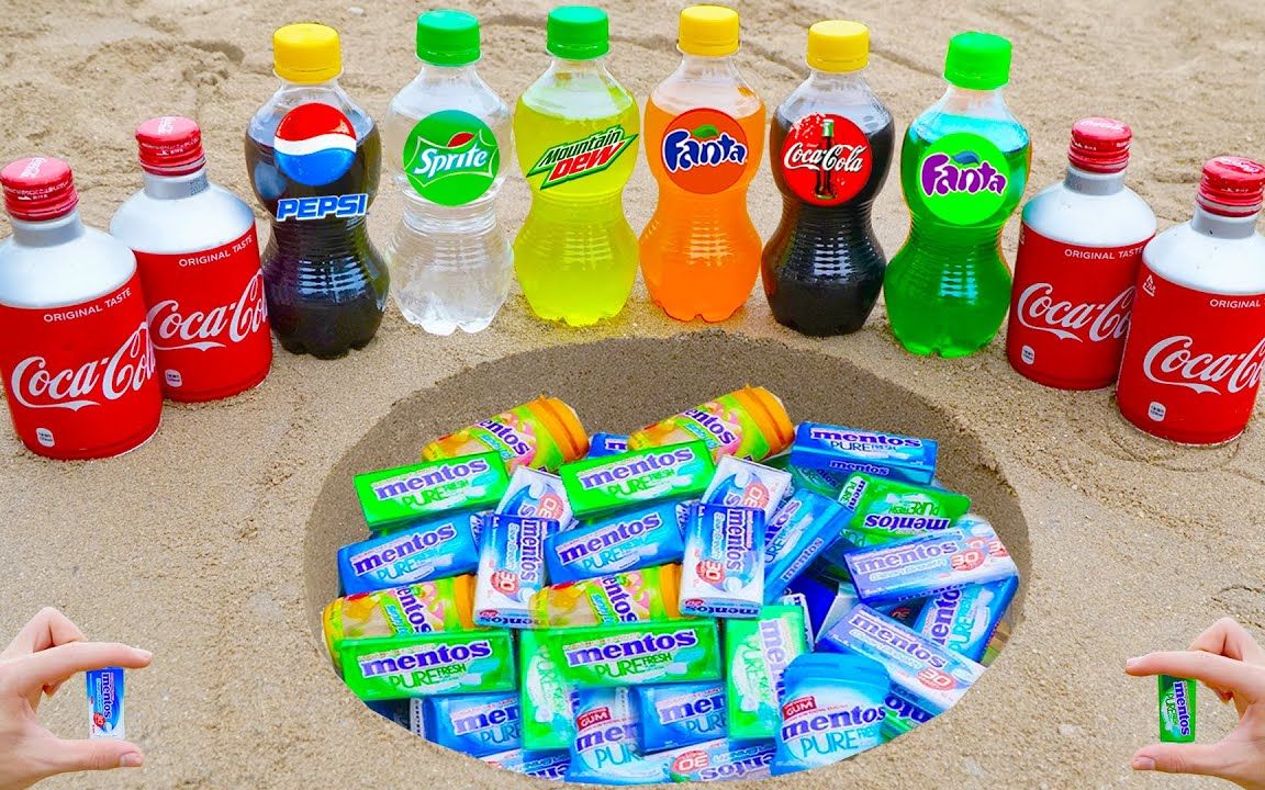 曼妥思混合汽水的趣味反应,绿色泡沫喷泉很治愈