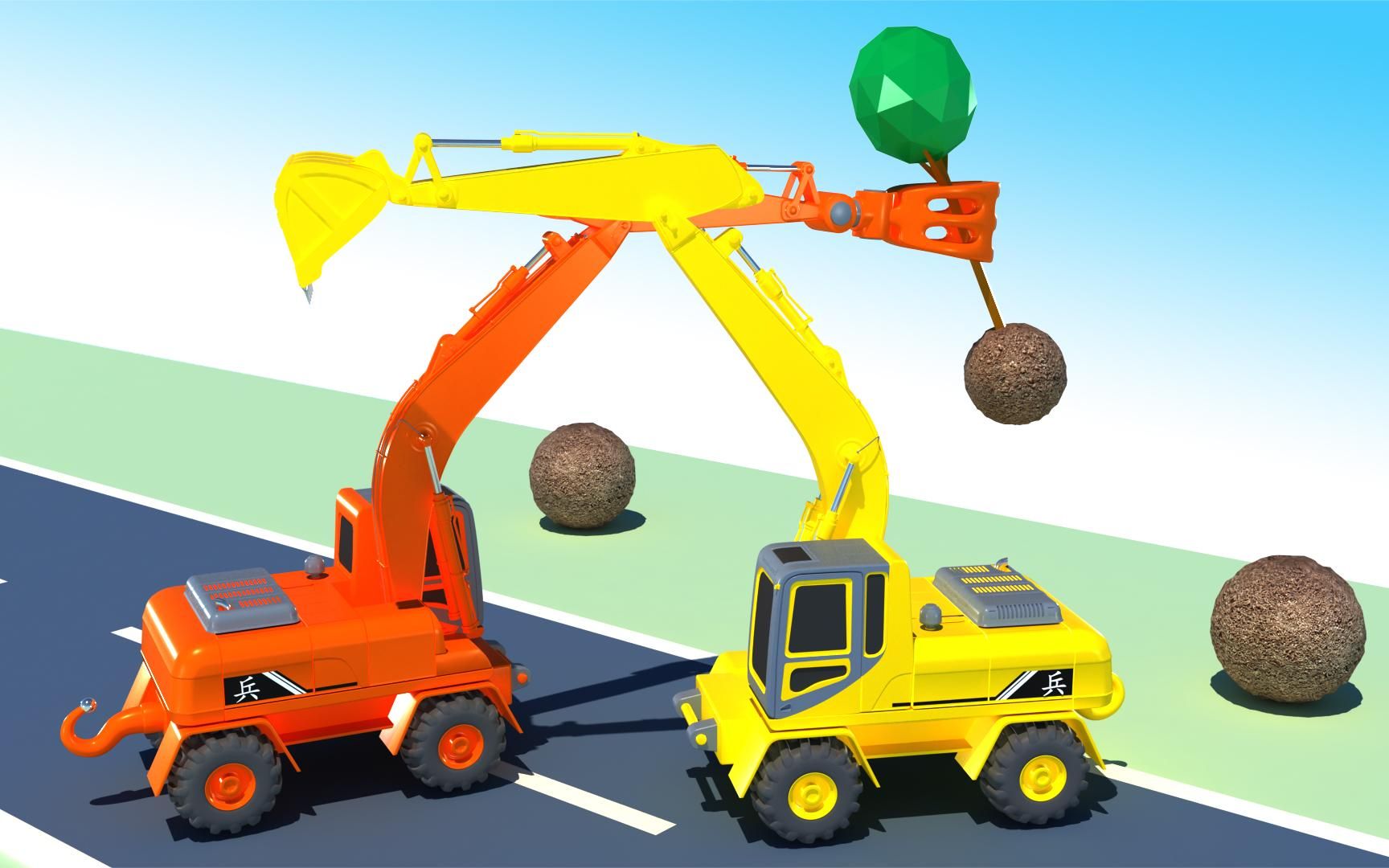 上拖车种树 少儿益智趣味动画 工程车玩具动画片 儿童挖掘机视频