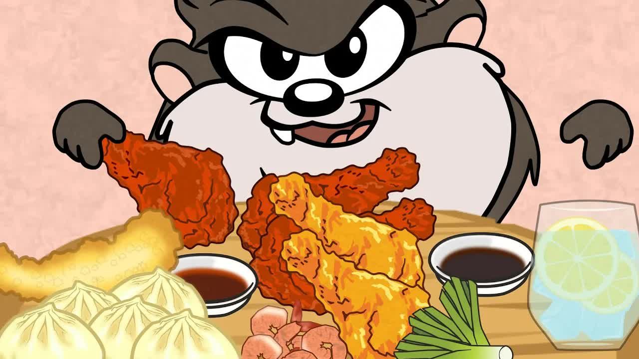 吃播动画吃酥脆炸鸡腿,饺子