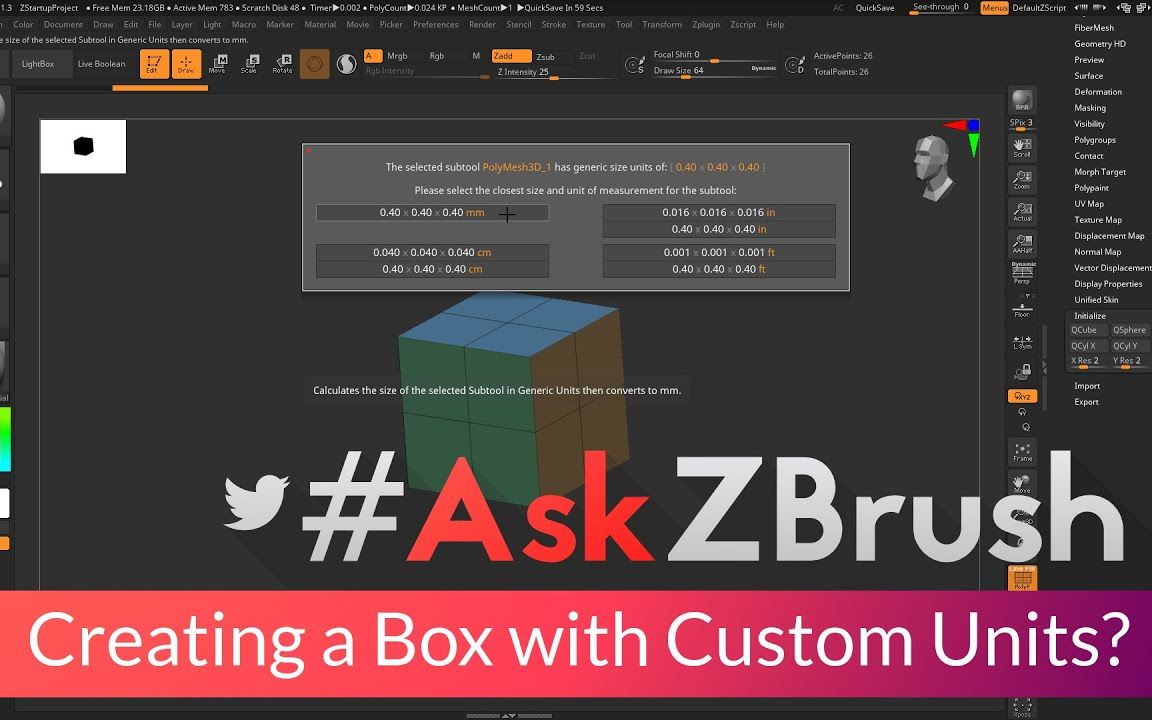 34.#AskZBrush “如何创建一个自定义尺寸的立方体?例如 50x79x30mm”哔哩哔哩bilibili
