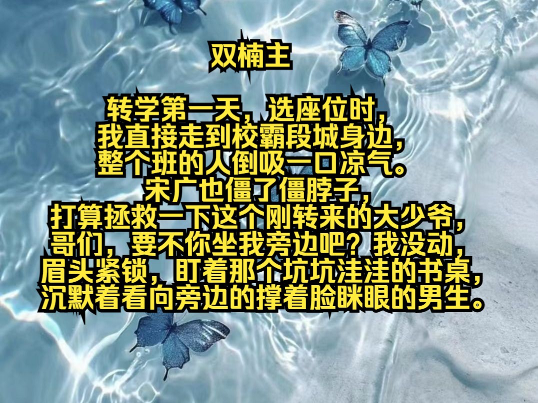 转学第一天,选座位时,我直接走到校霸段城身边,整个班的人倒吸一口凉气.宋广也僵了僵脖子,打算拯救一下这个刚转来的大少爷,哥们,要不你坐我旁...