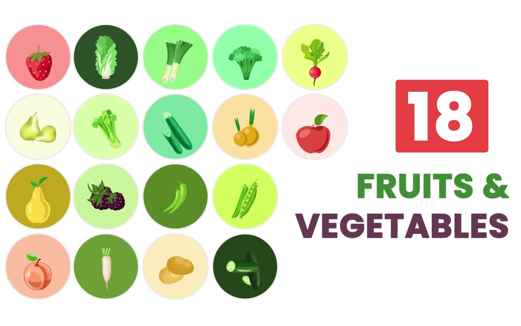 ae模板-蔬菜水果图标icon 草莓白菜大葱西兰花萝卜梨芹菜桃子辣椒扁豆