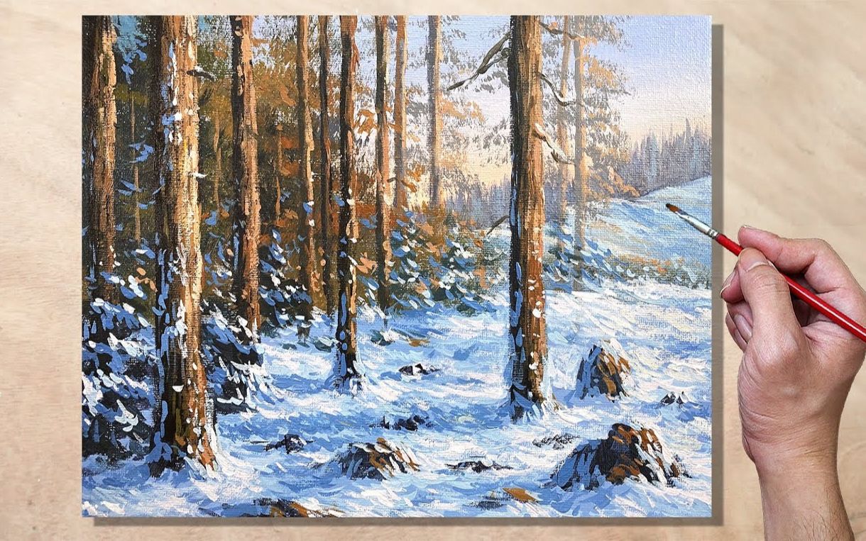 丙烯画绘画教程中字冬天的树林acrylicpaintingwinterwoodslandscape