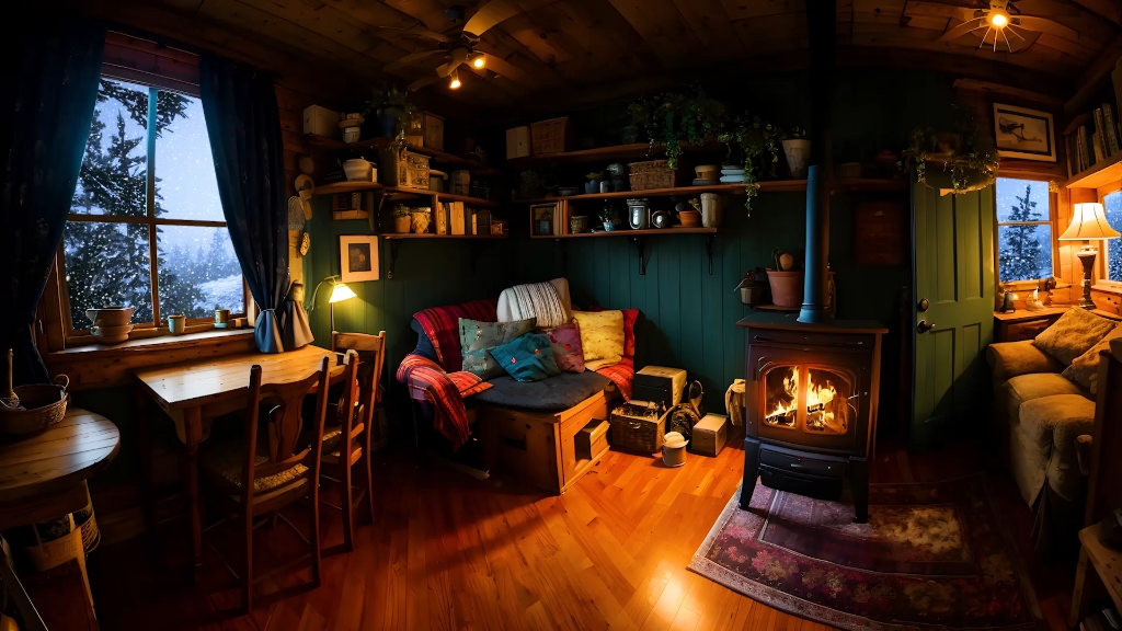 放松舒适温馨小屋壁炉燃烧氛围放松的雪花飘落声和噼啪作响的壁炉燃烧