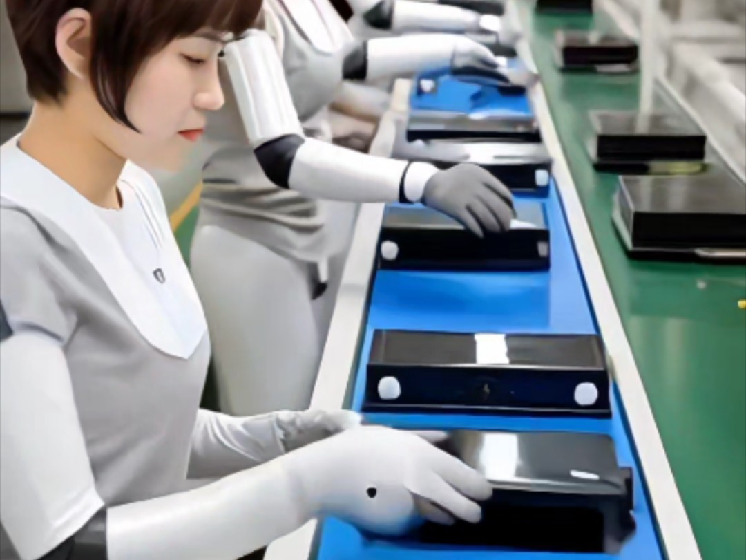 人工智能美女机器人在车间流水线干活的场景