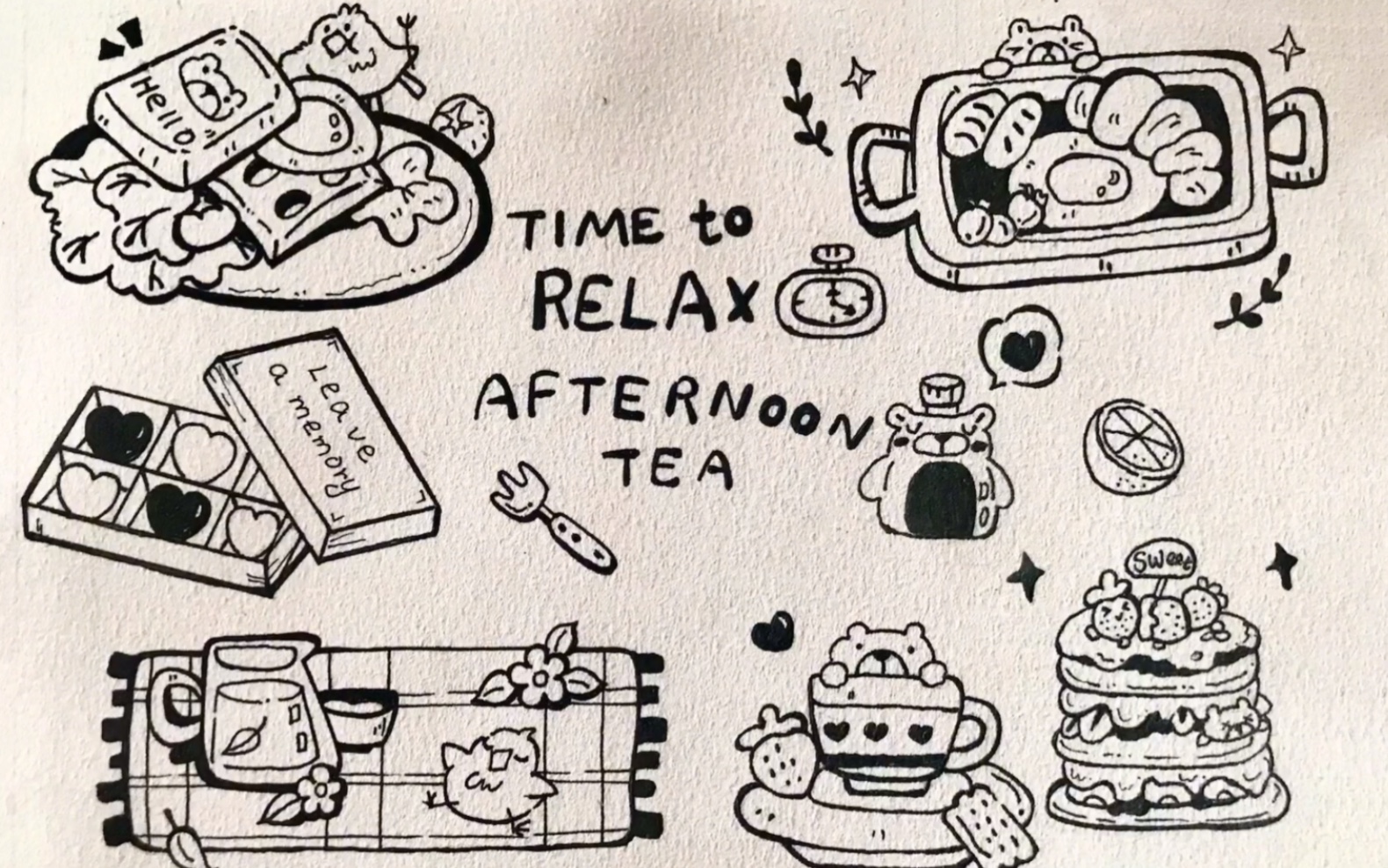 黑白简笔画 可口的下午点心