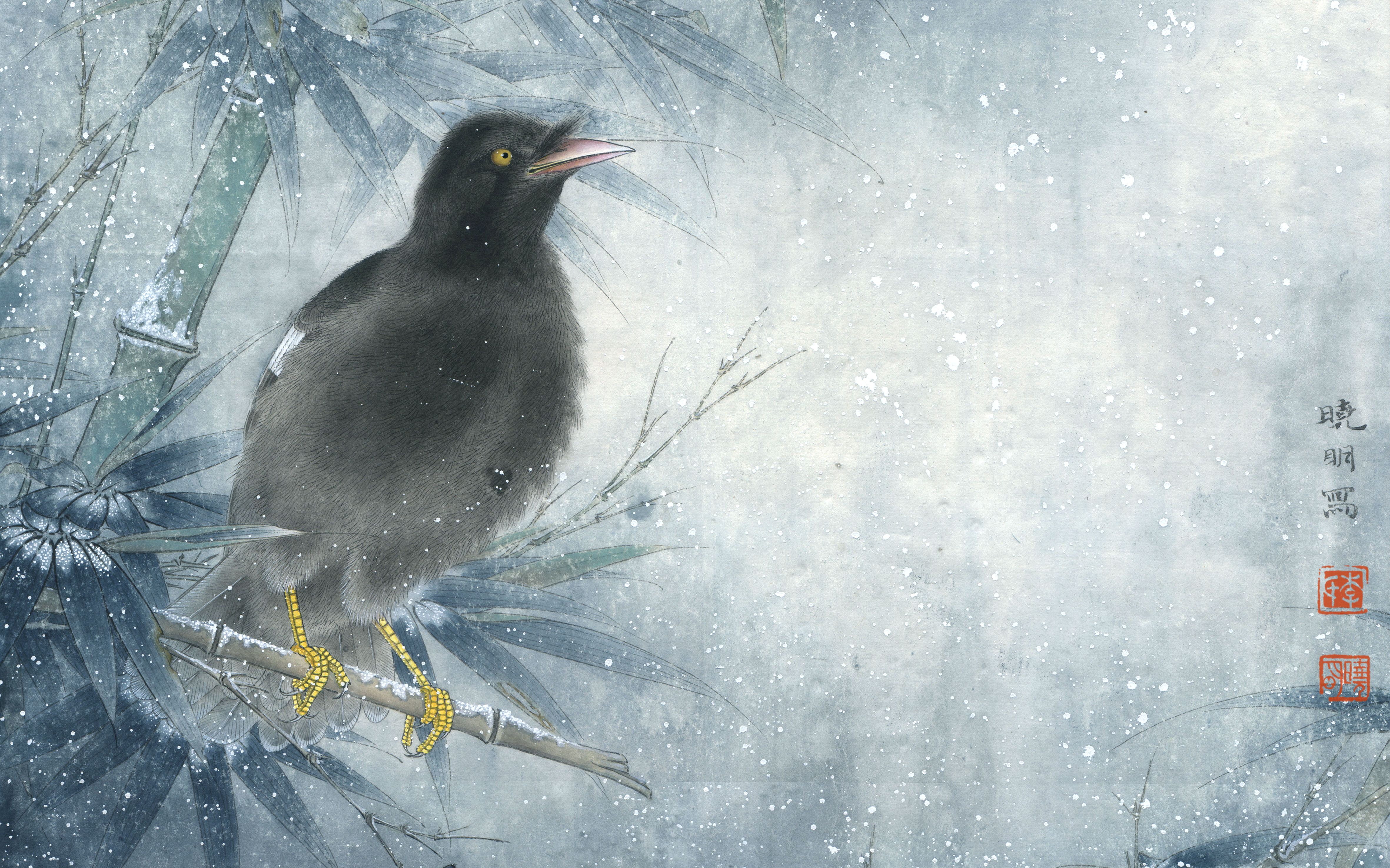 工笔八哥雪竹001