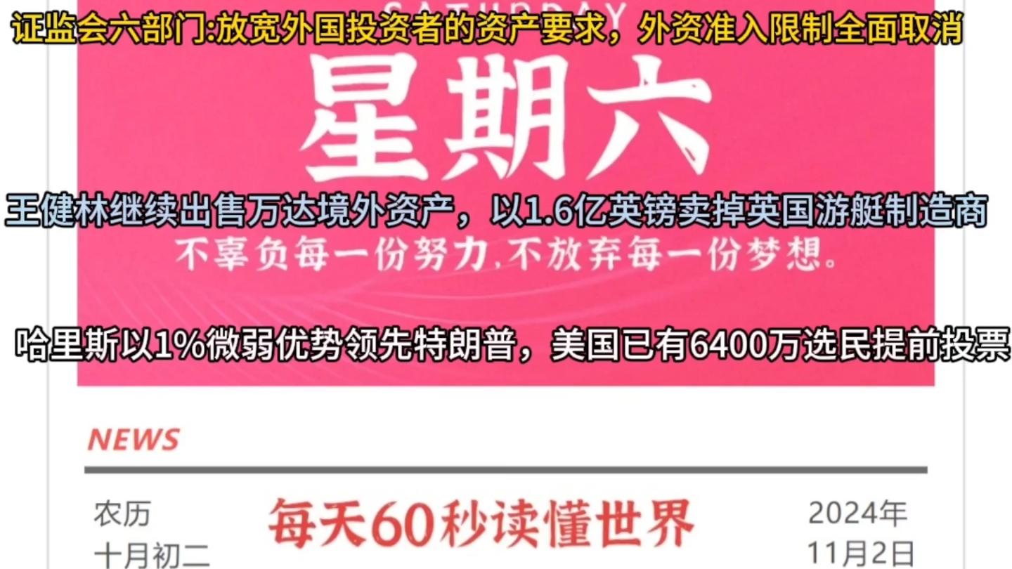 每天60秒读懂世界ⷱ1月2日【证监会六部门:放宽外国投资者资产要求;王健林出售境外资产;哈里斯微弱领先特朗普】哔哩哔哩bilibili