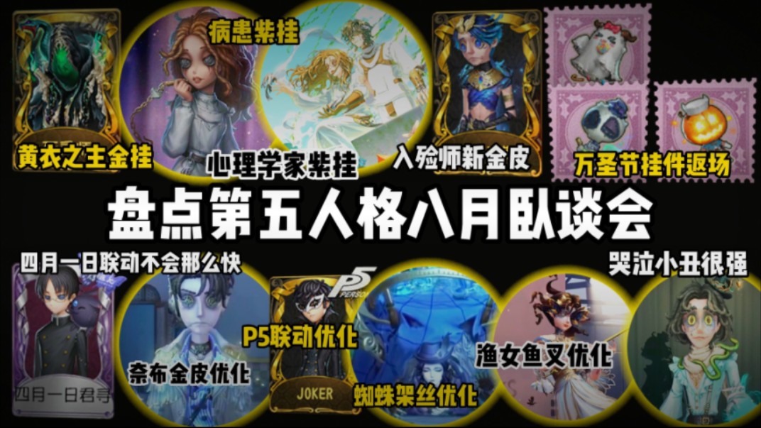 盘点第五人格8月卧谈会!卡尔新金皮!黄衣金挂!心理紫挂!病患紫挂!万圣节挂件!xholic没那么快!奈布金皮优化!P5优化!哭泣小丑强势!哔哩哔哩...